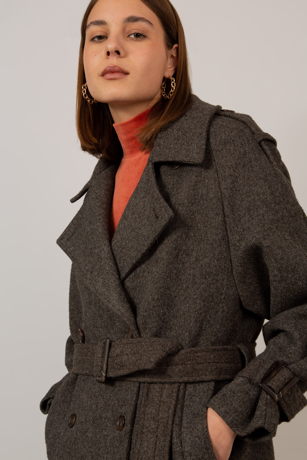 Brown wool blend double breasted belted coat_3