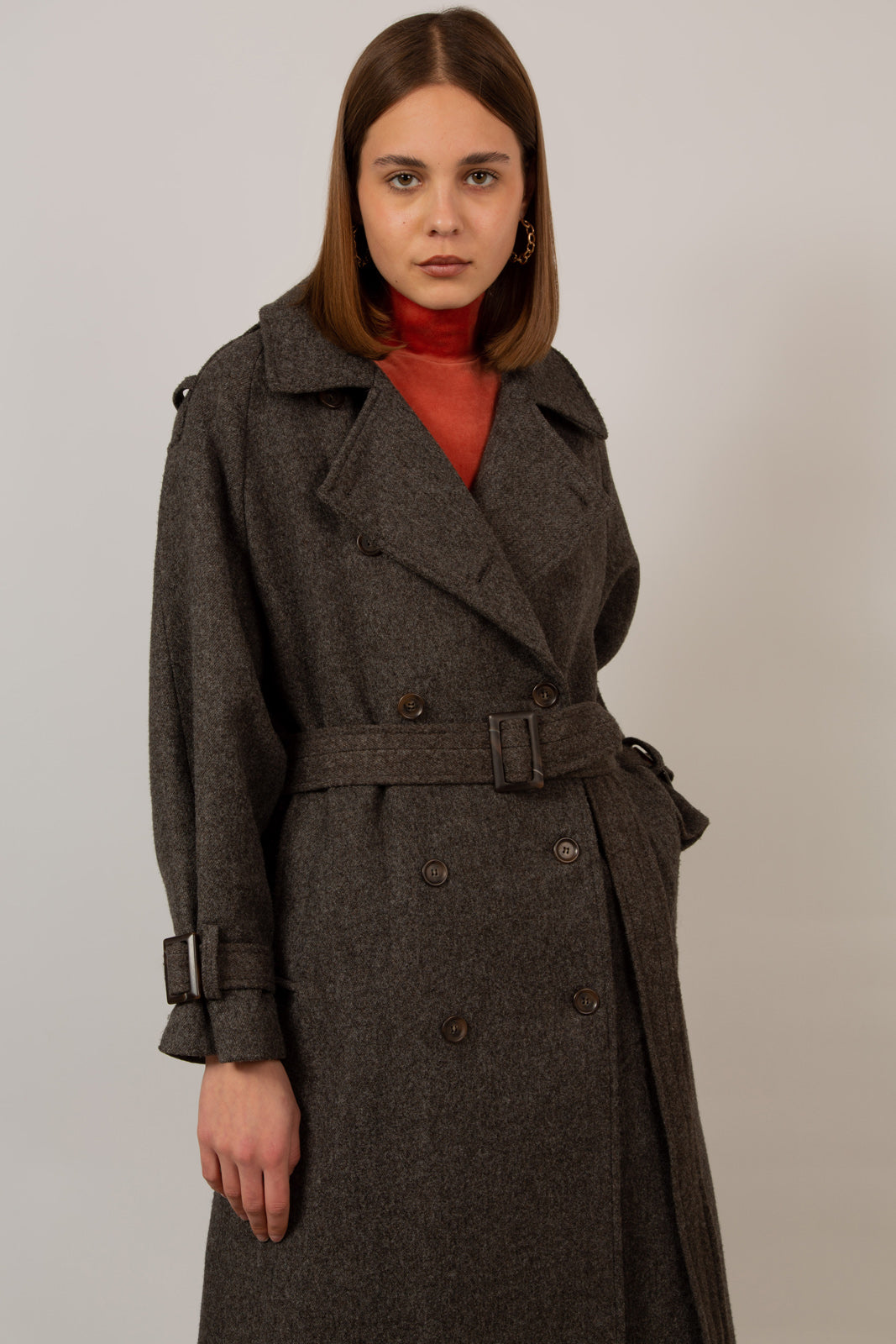 Brown wool blend double breasted belted coat_6