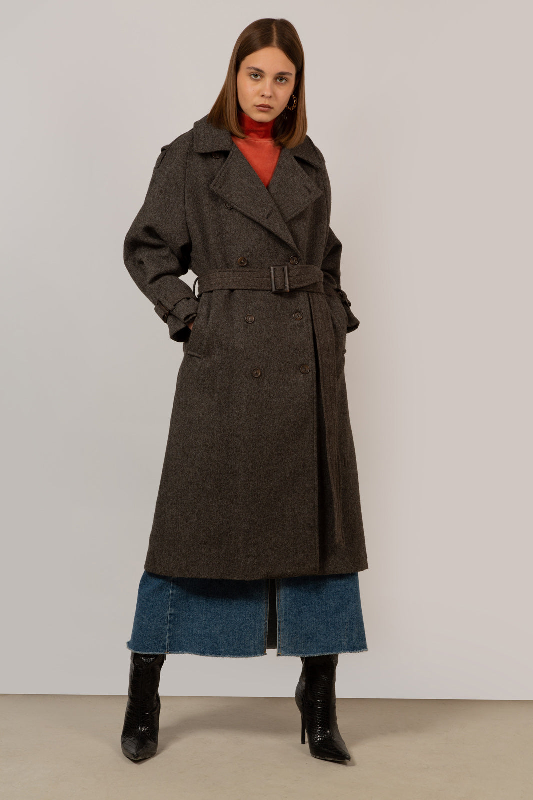 Brown wool blend double breasted belted coat_5