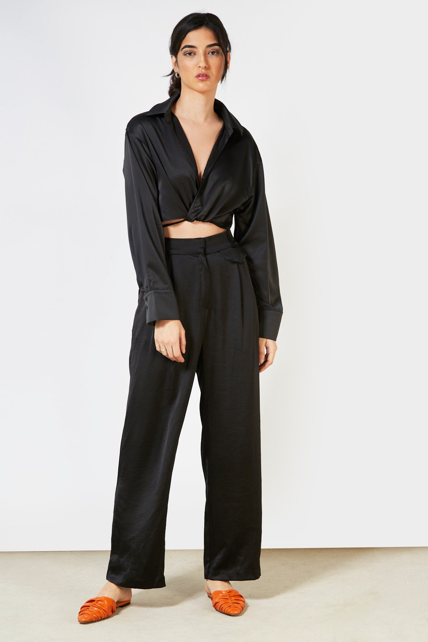 Black satin thin tie front blouse_11