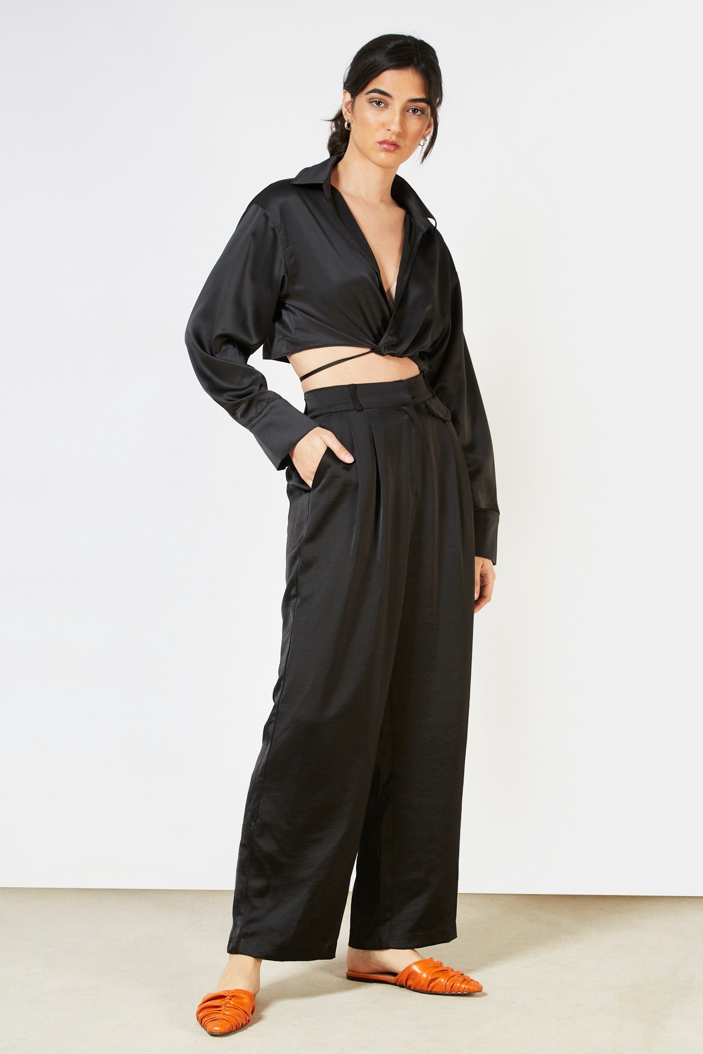 Black satin thin tie front blouse_4