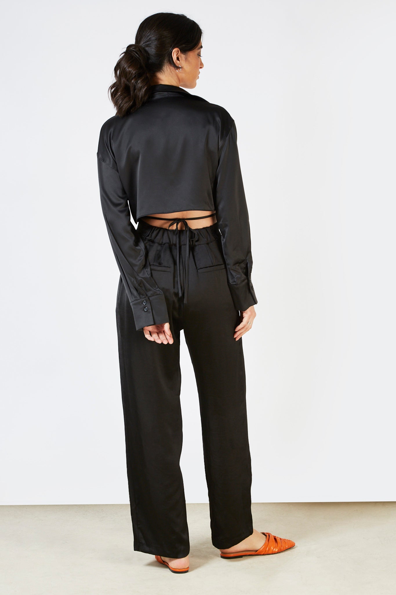 Black satin thin tie front blouse_7