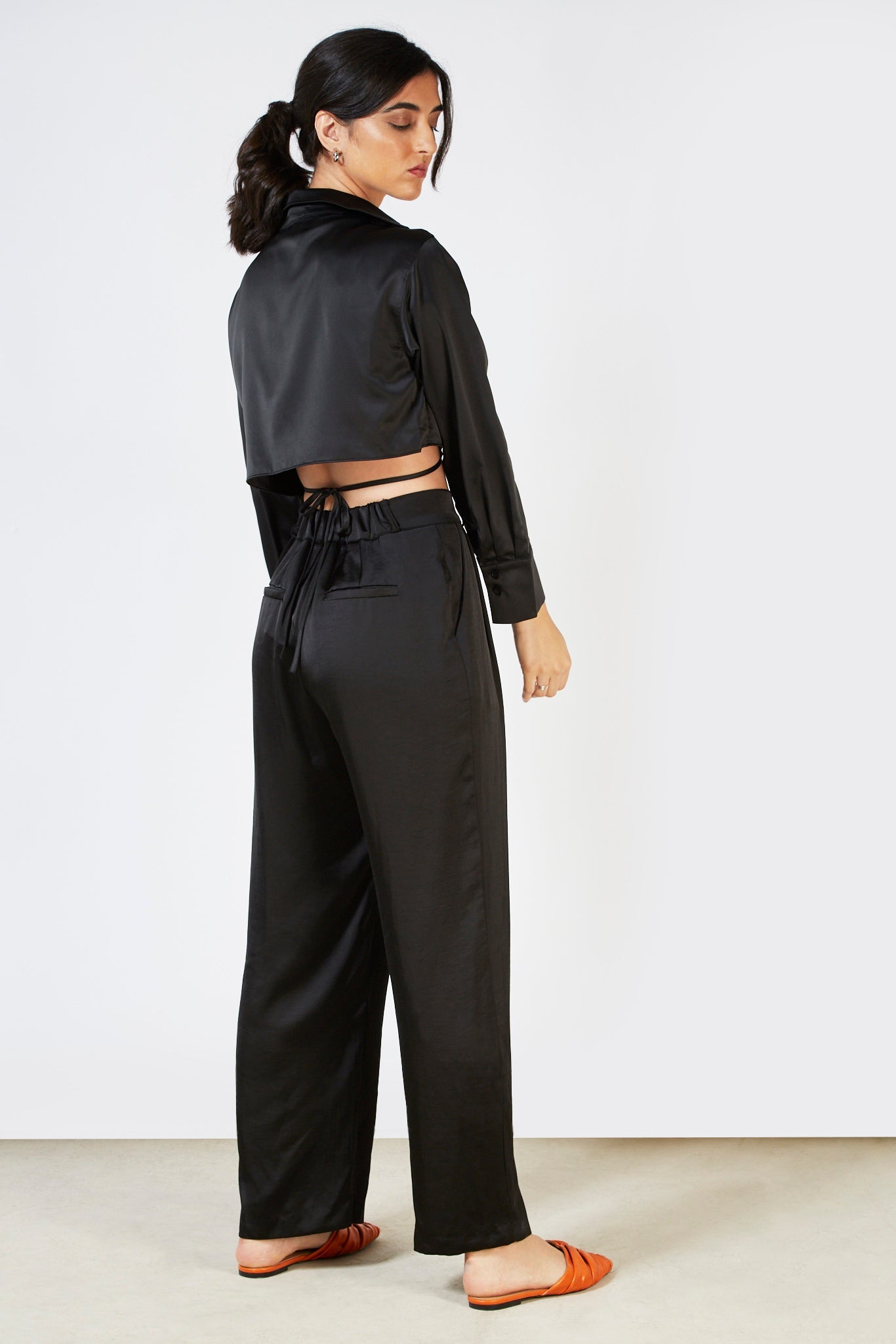 Black satin thin tie front blouse_6