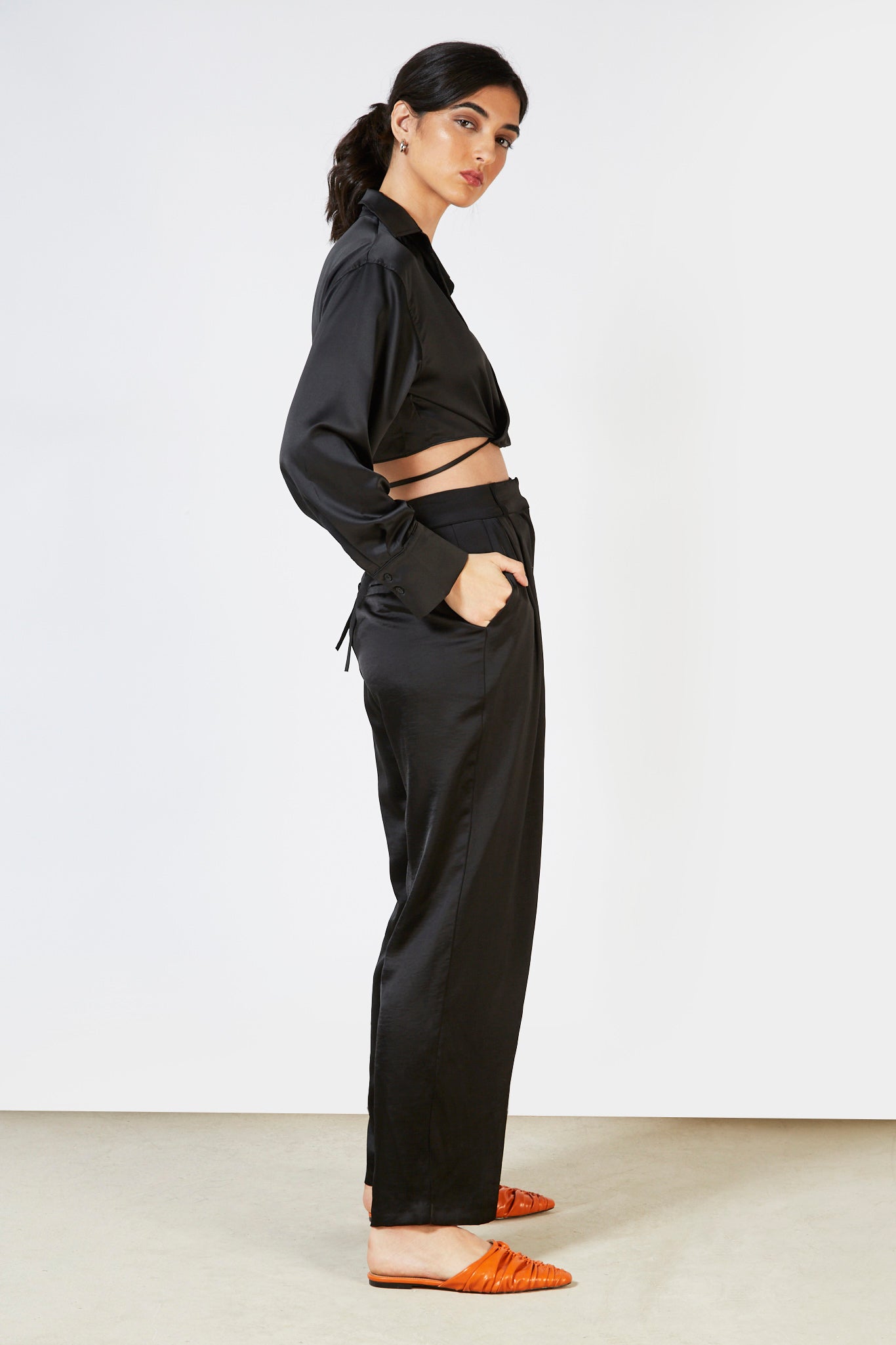 Black satin thin tie front blouse_5