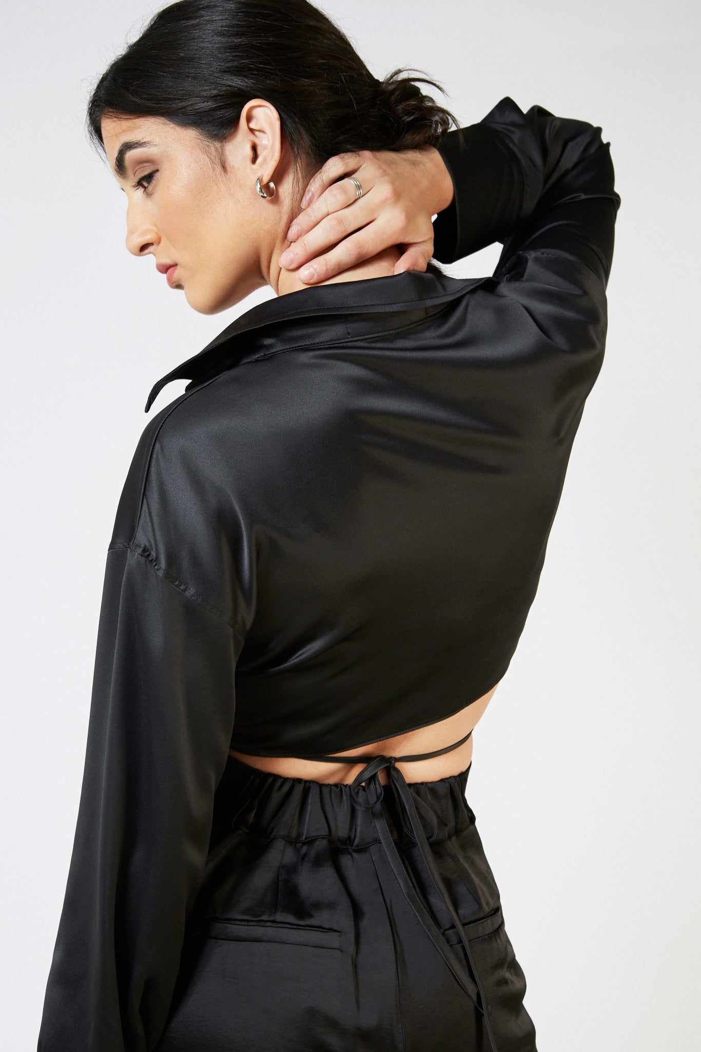 Black satin thin tie front blouse_8