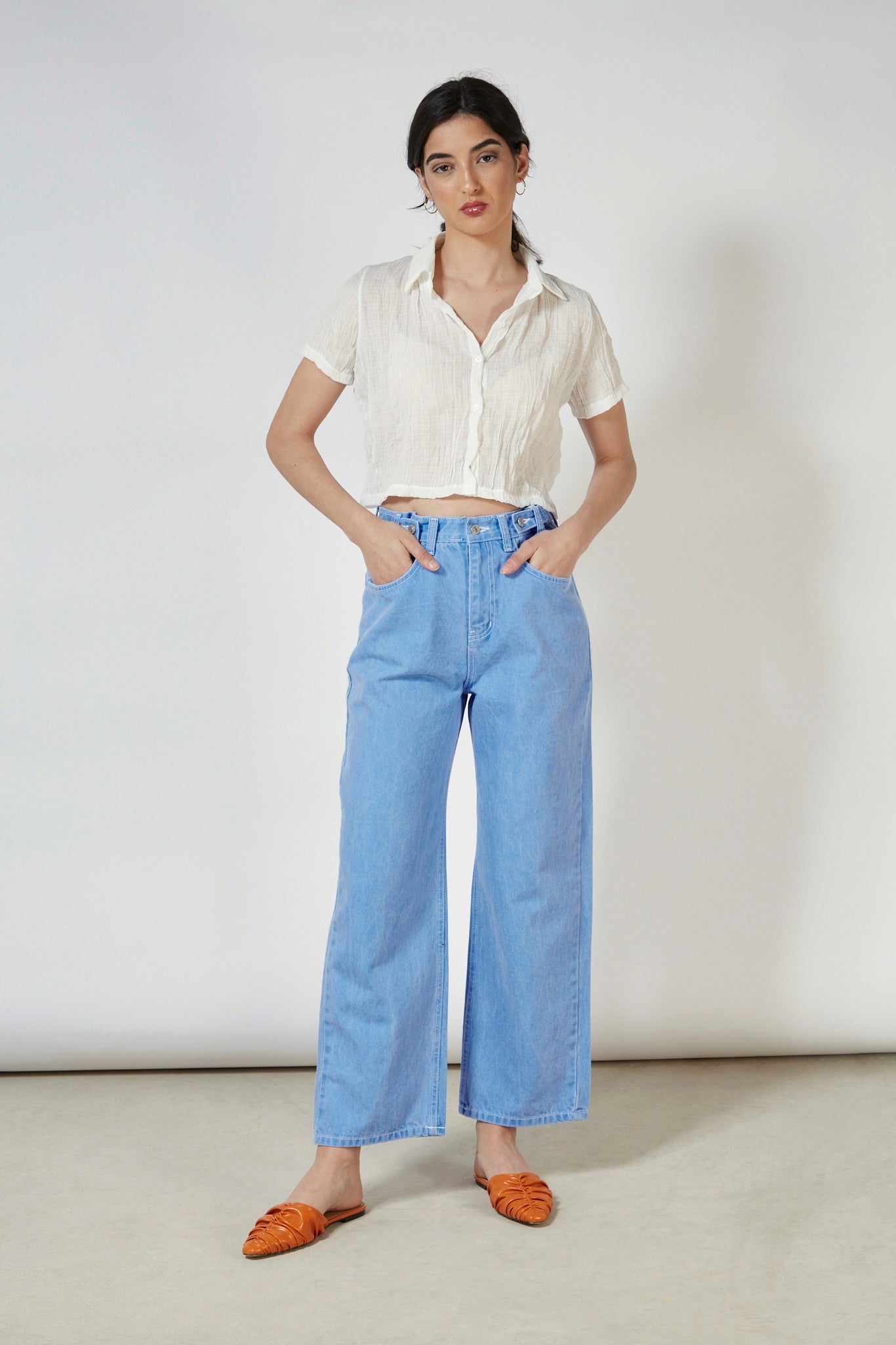 Bright blue contrast stitch button waist jeans_5