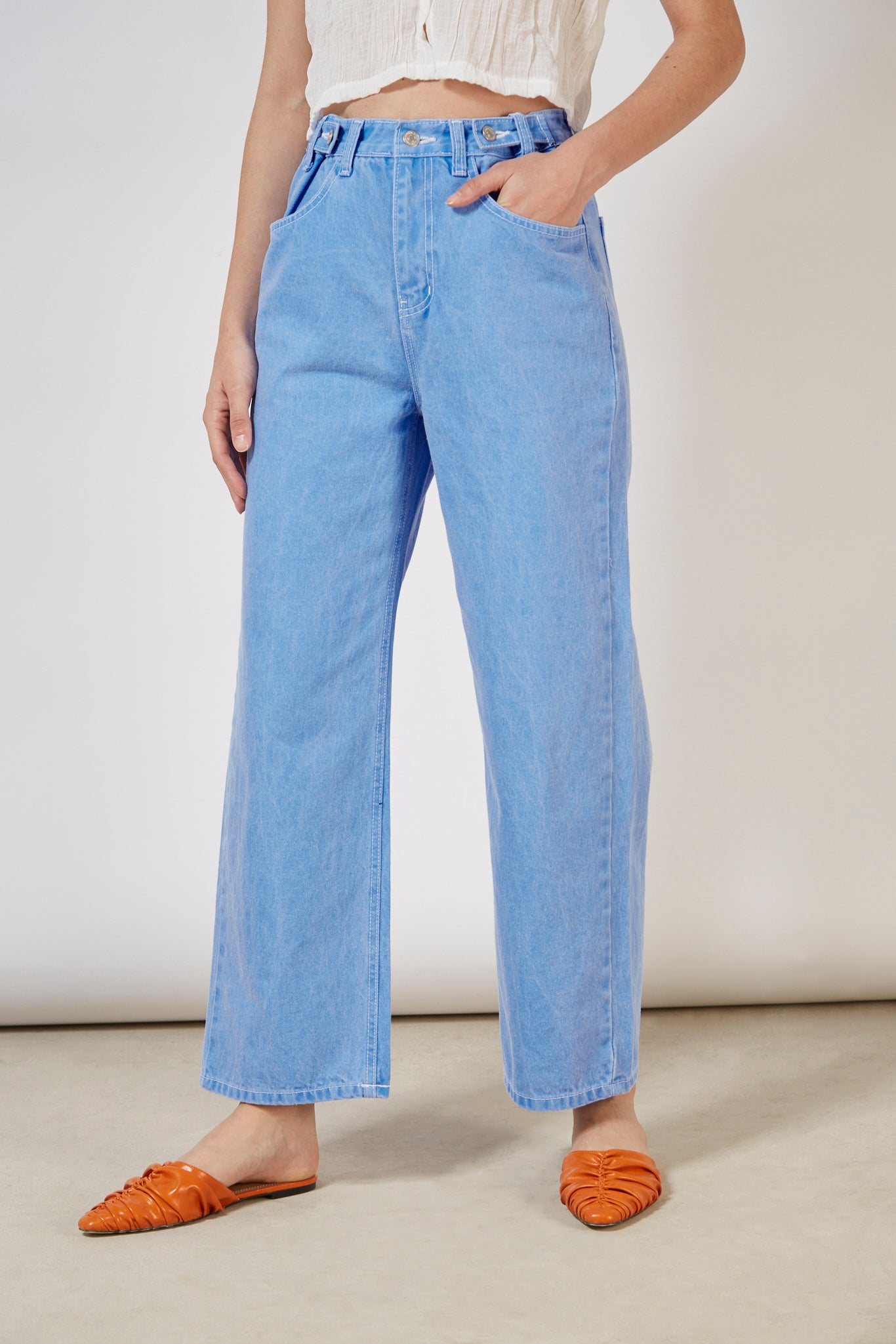 Bright blue contrast stitch button waist jeans_1