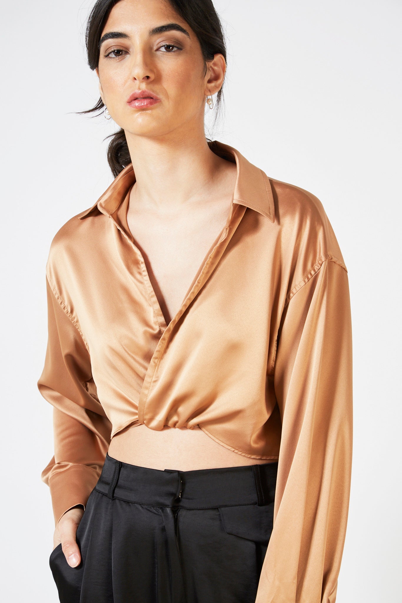 Brown satin thin tie front blouse_5