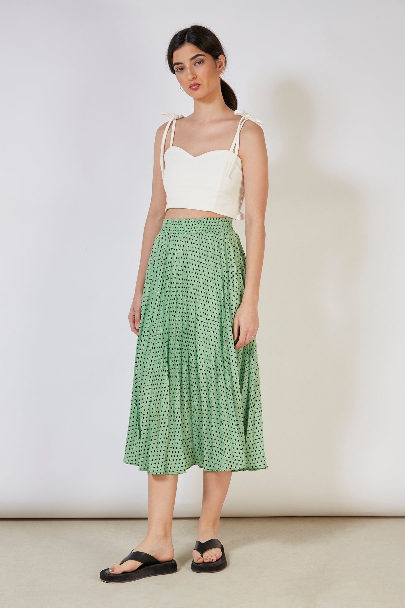 Green dot print pleated skirt_4