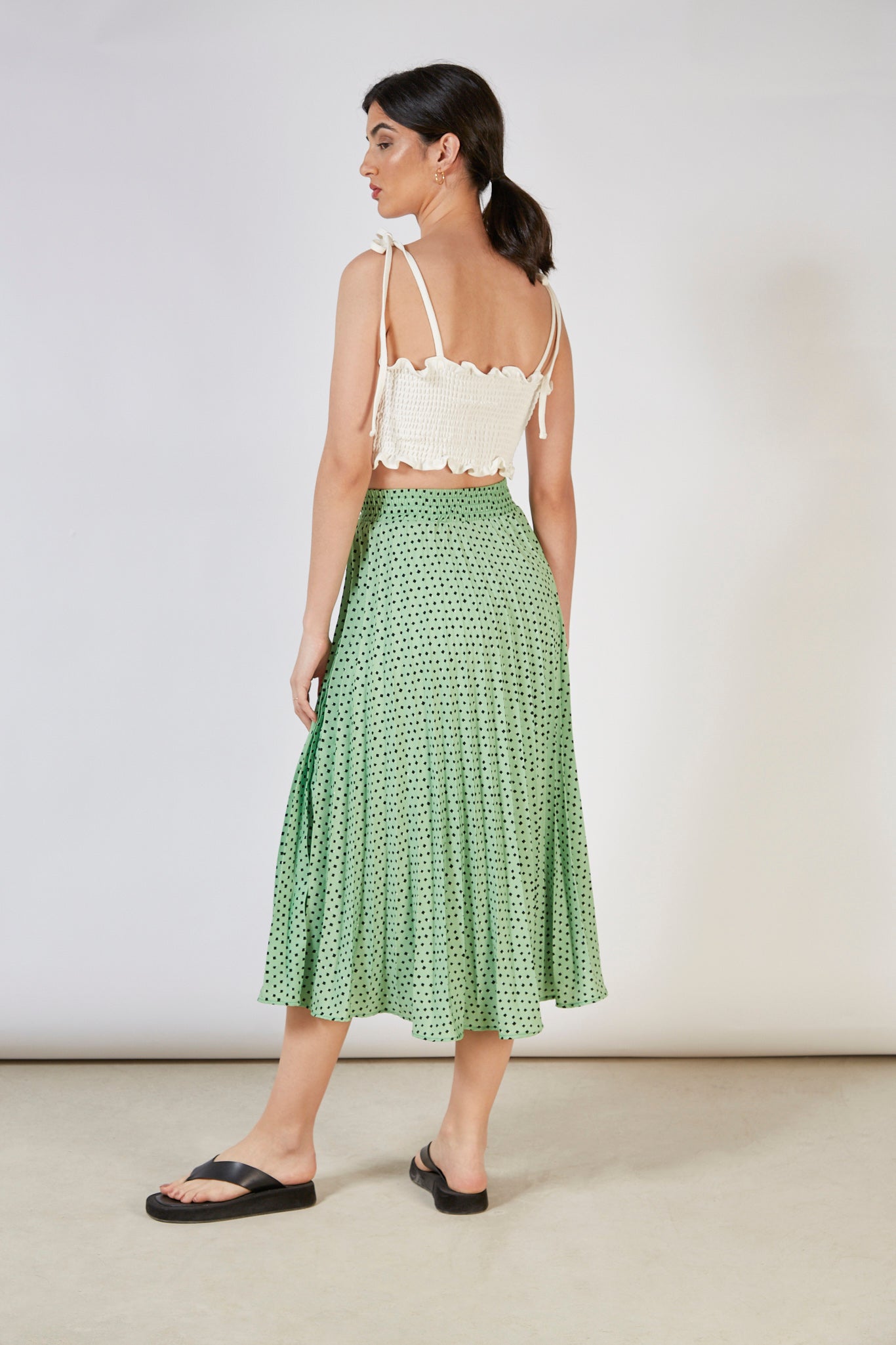 Green dot print pleated skirt_2
