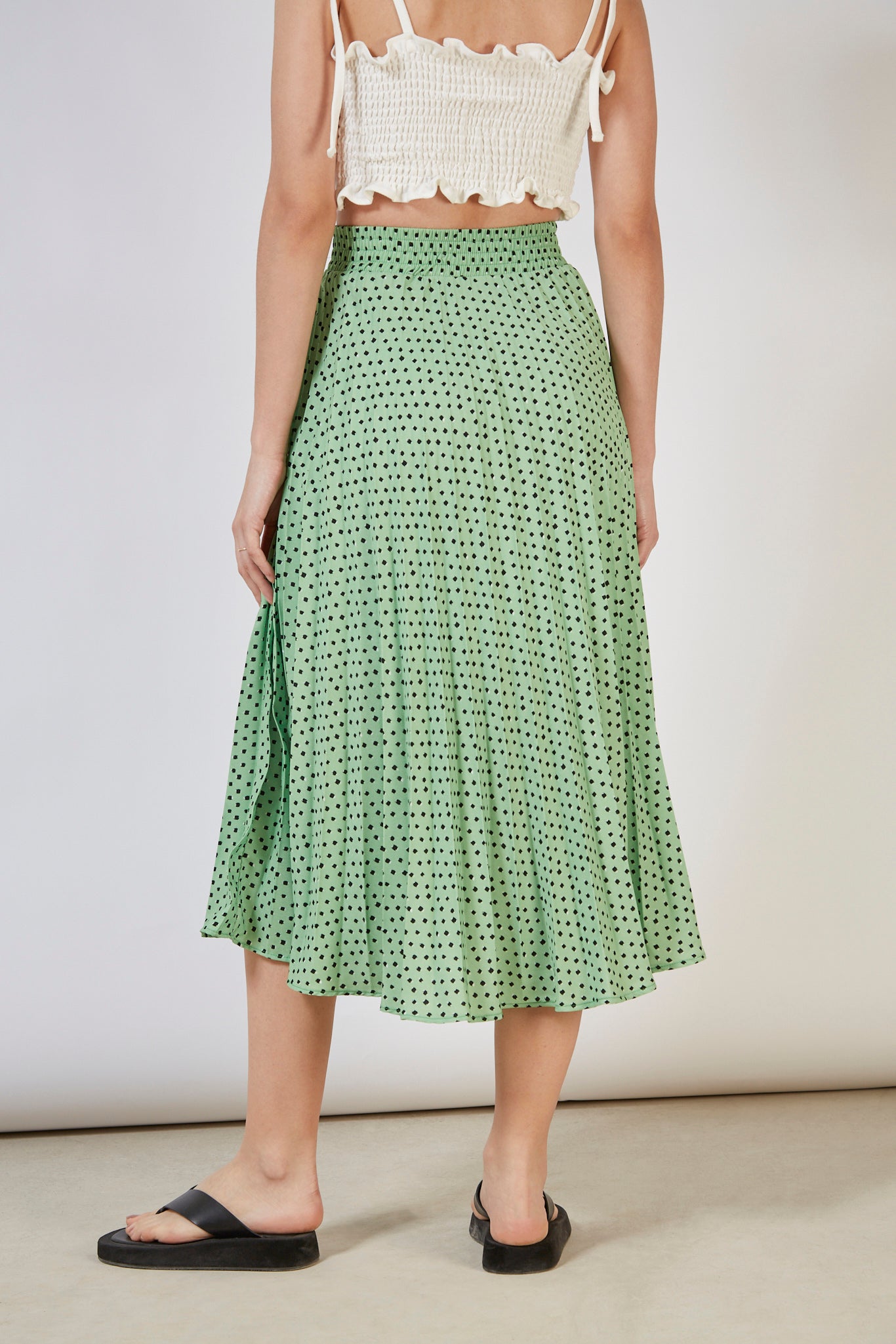 Green dot print pleated skirt_5