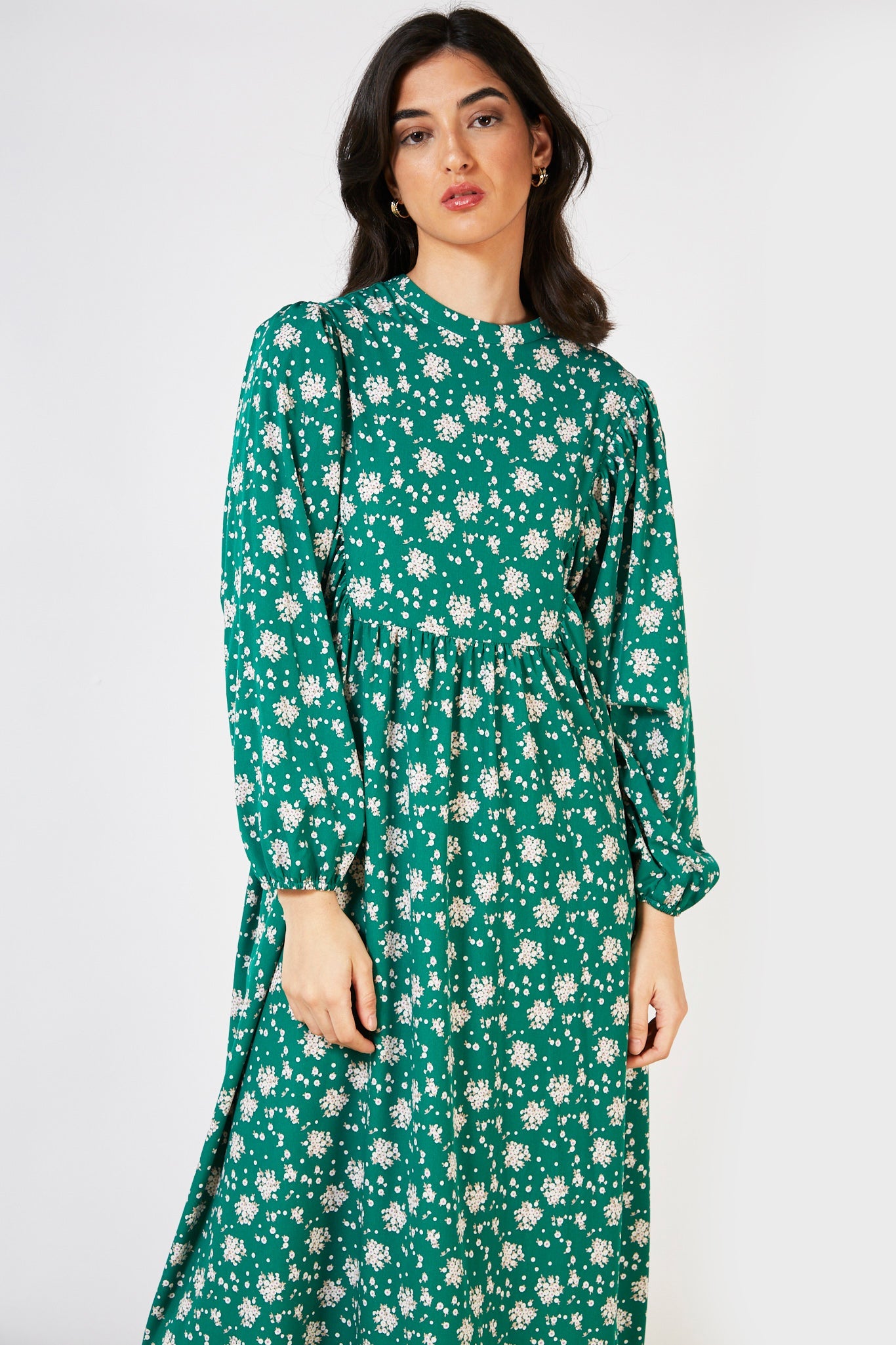 Green printed long sleeved dress_3