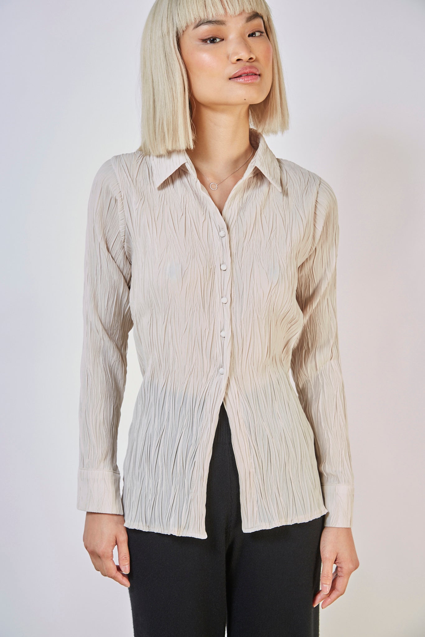 Beige textured five button long shirt_6