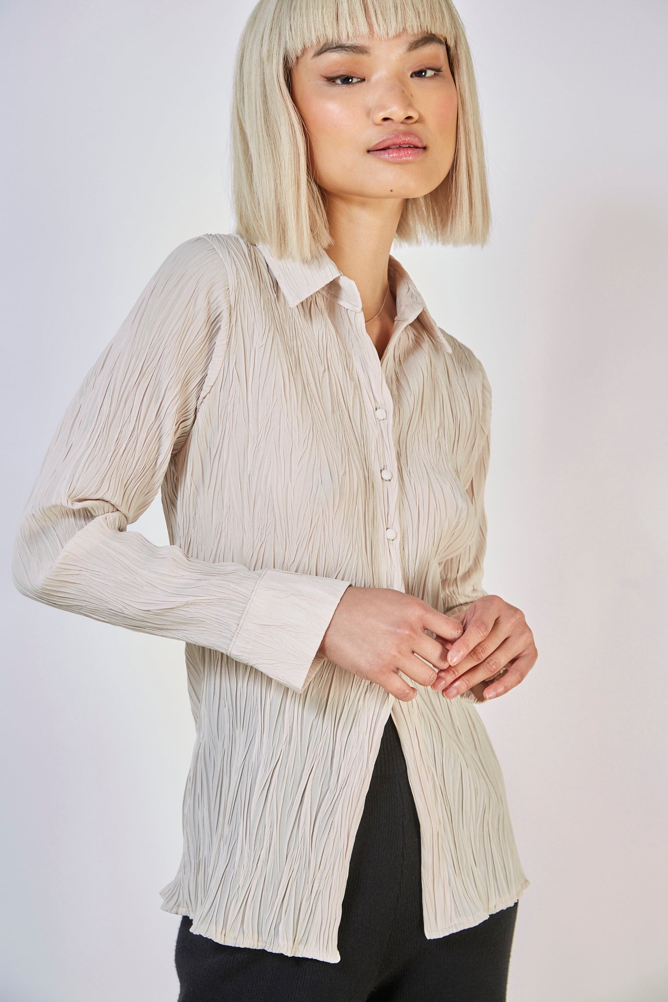 Beige textured five button long shirt_4