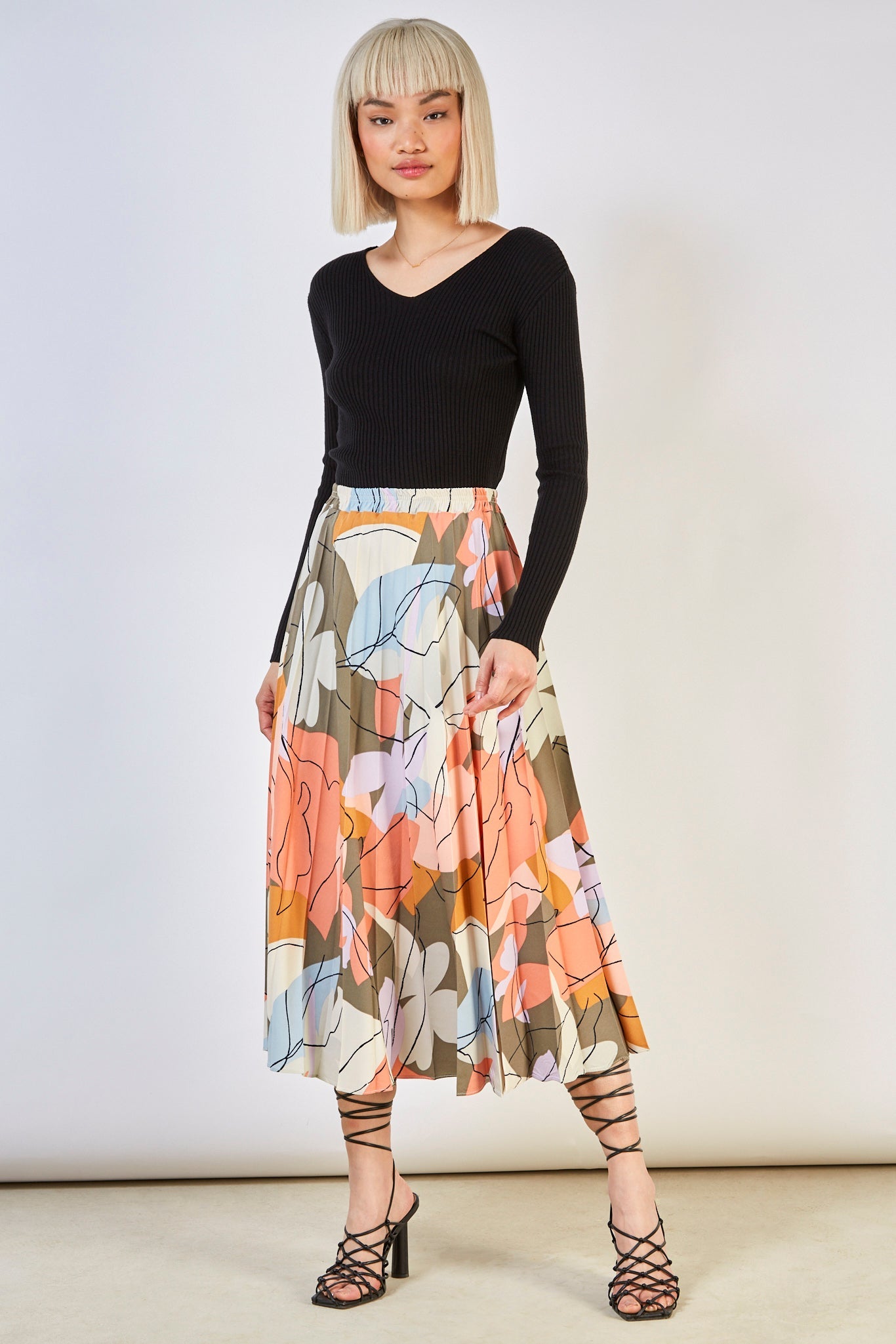Coral multicolour abstract print pleated skirt_5