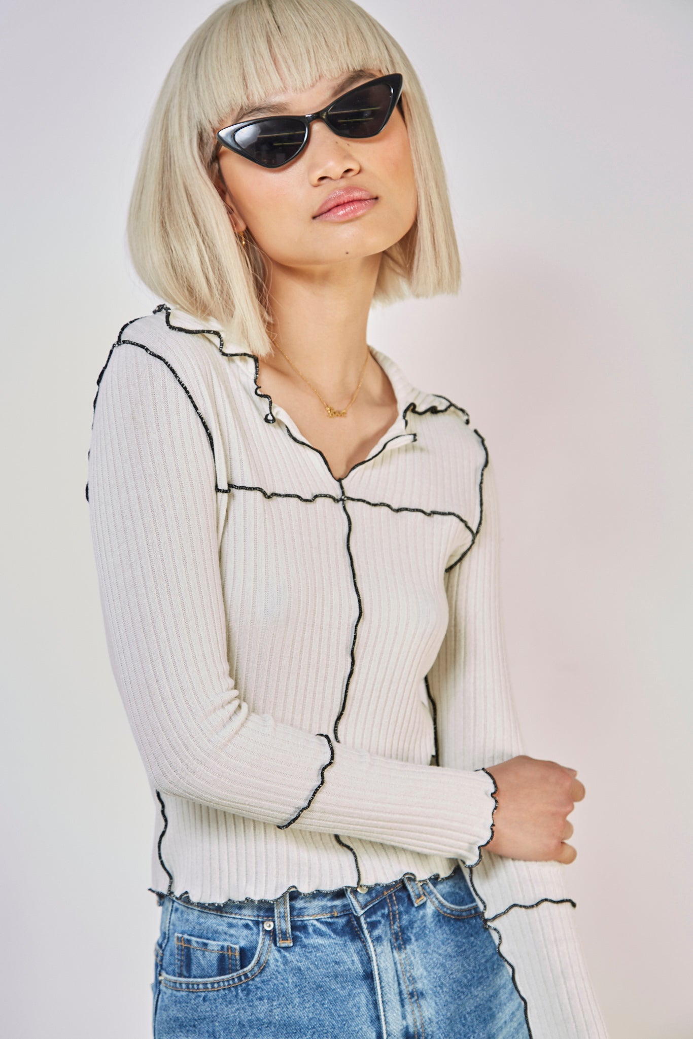 Ivory and black trim collar top_1