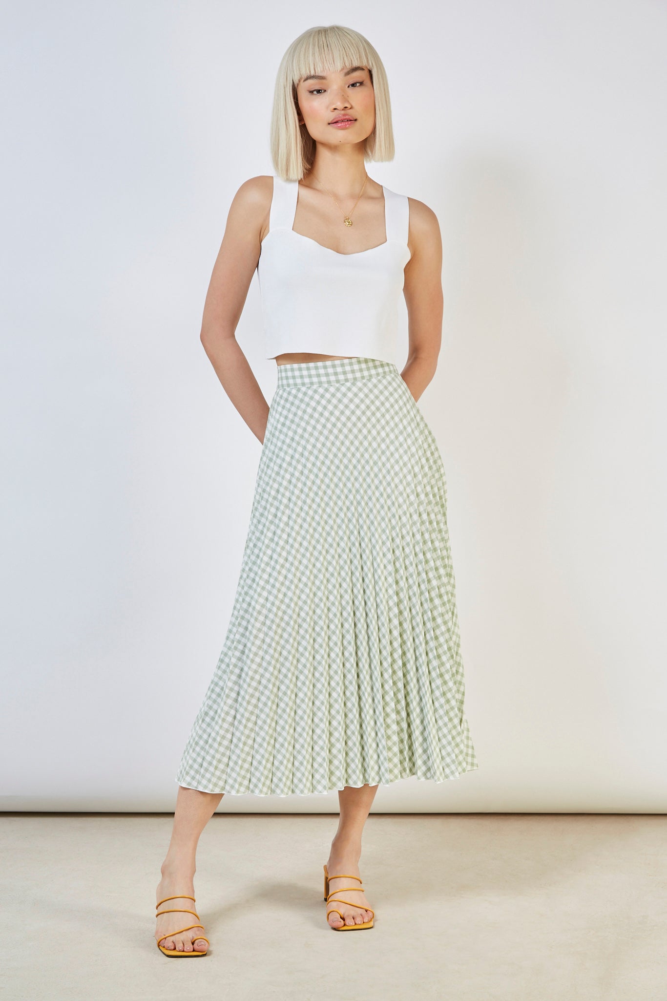 Washed green gingham pleated skirt_2
