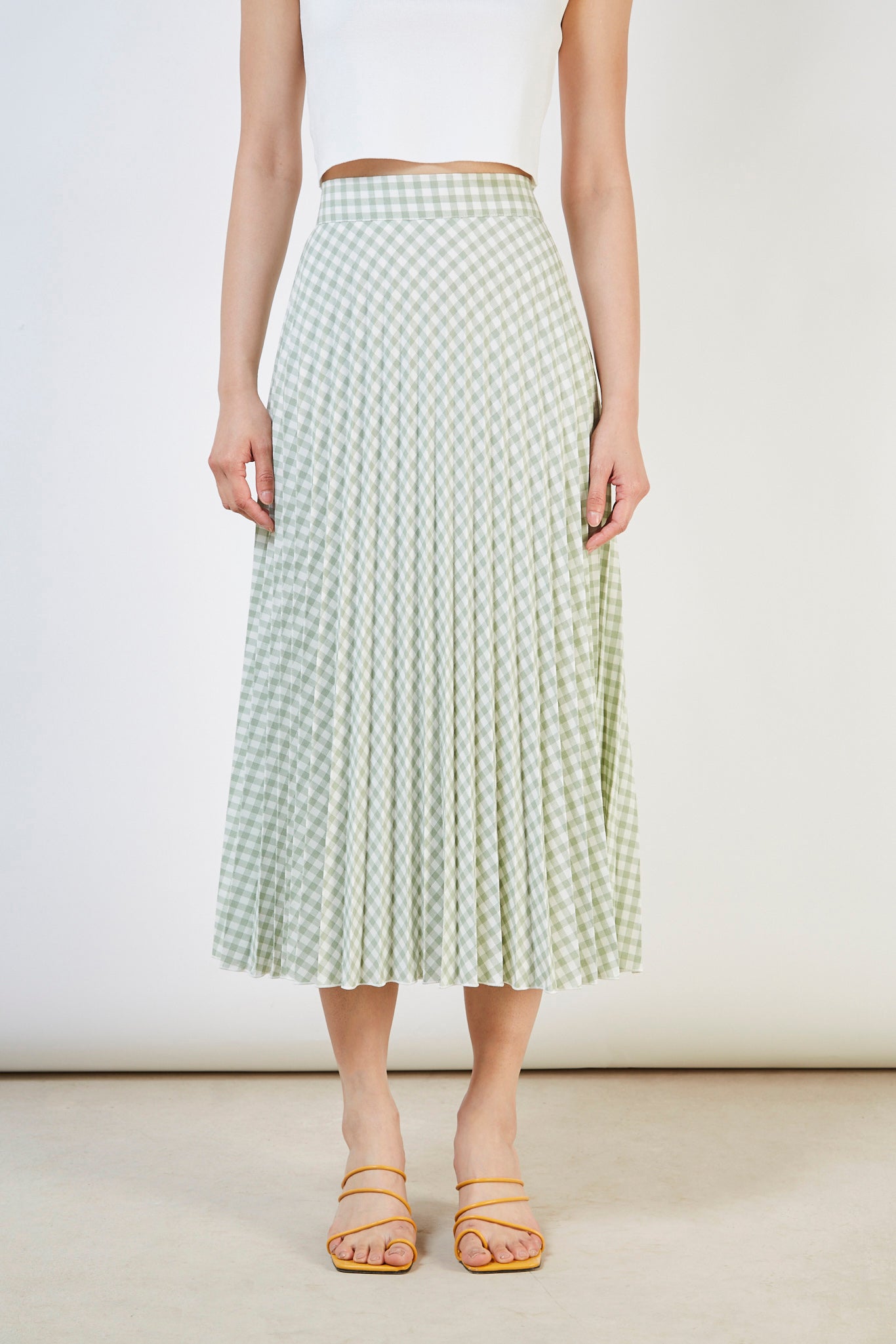 Washed green gingham pleated skirt_3