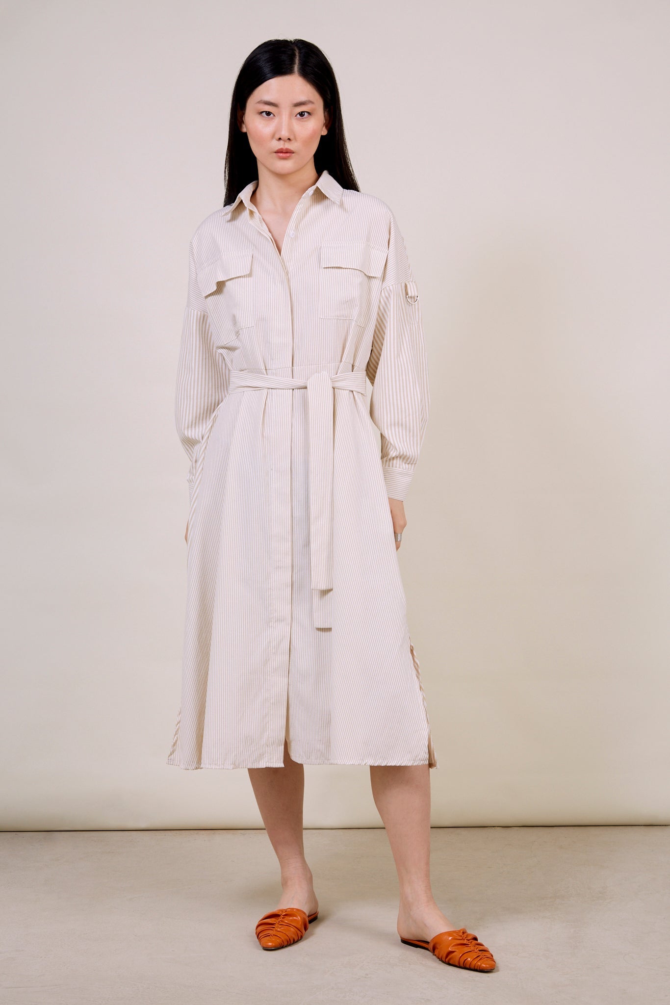 Beige and white contrast thin striped tie waist dress_2