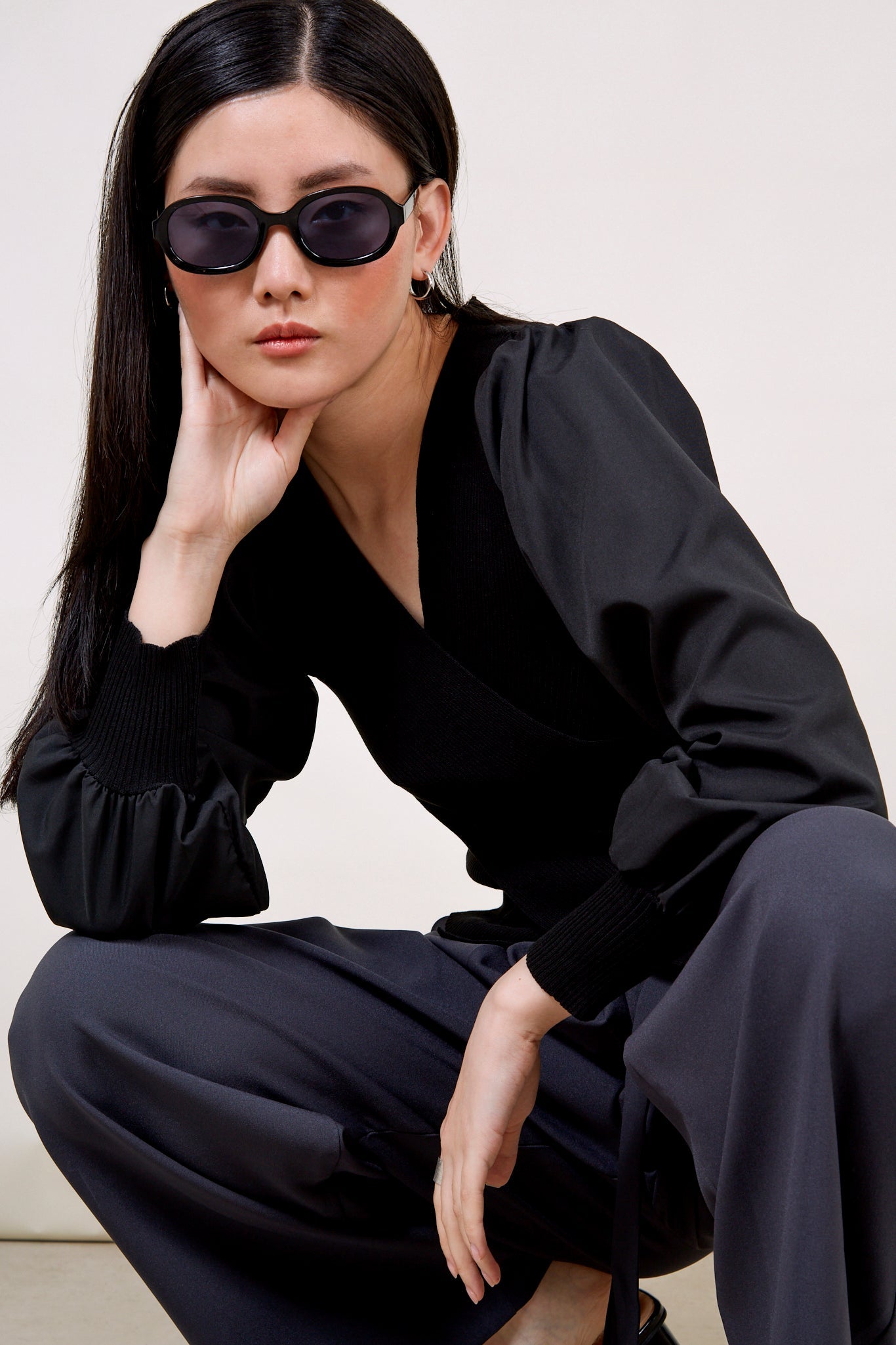 Black contrast satin sleeved top_2