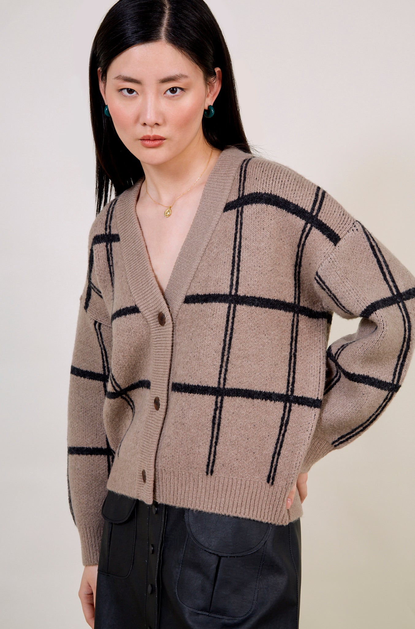 Brown and black giant box check cardigan_2