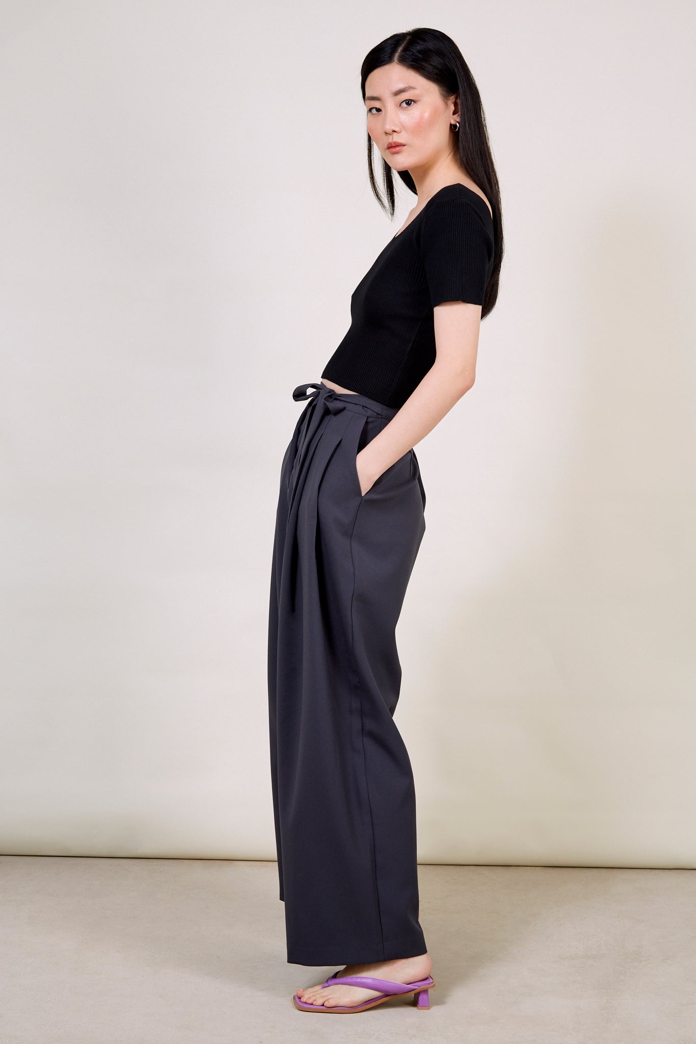 Charcoal grey tie waist trousers_4