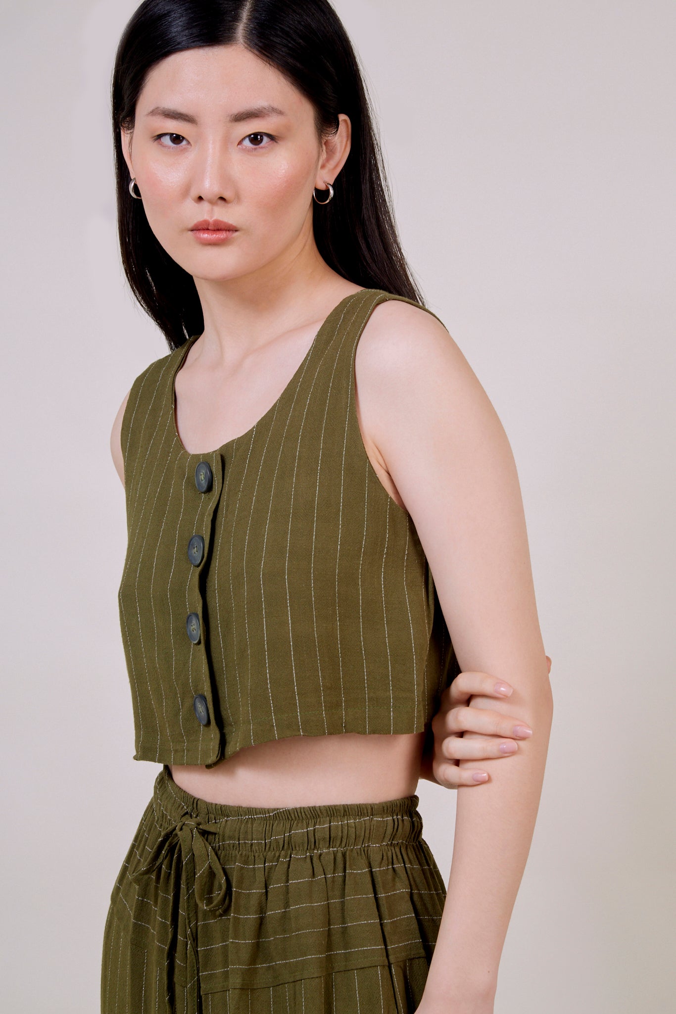 Olive green pinstripe button front tank_4