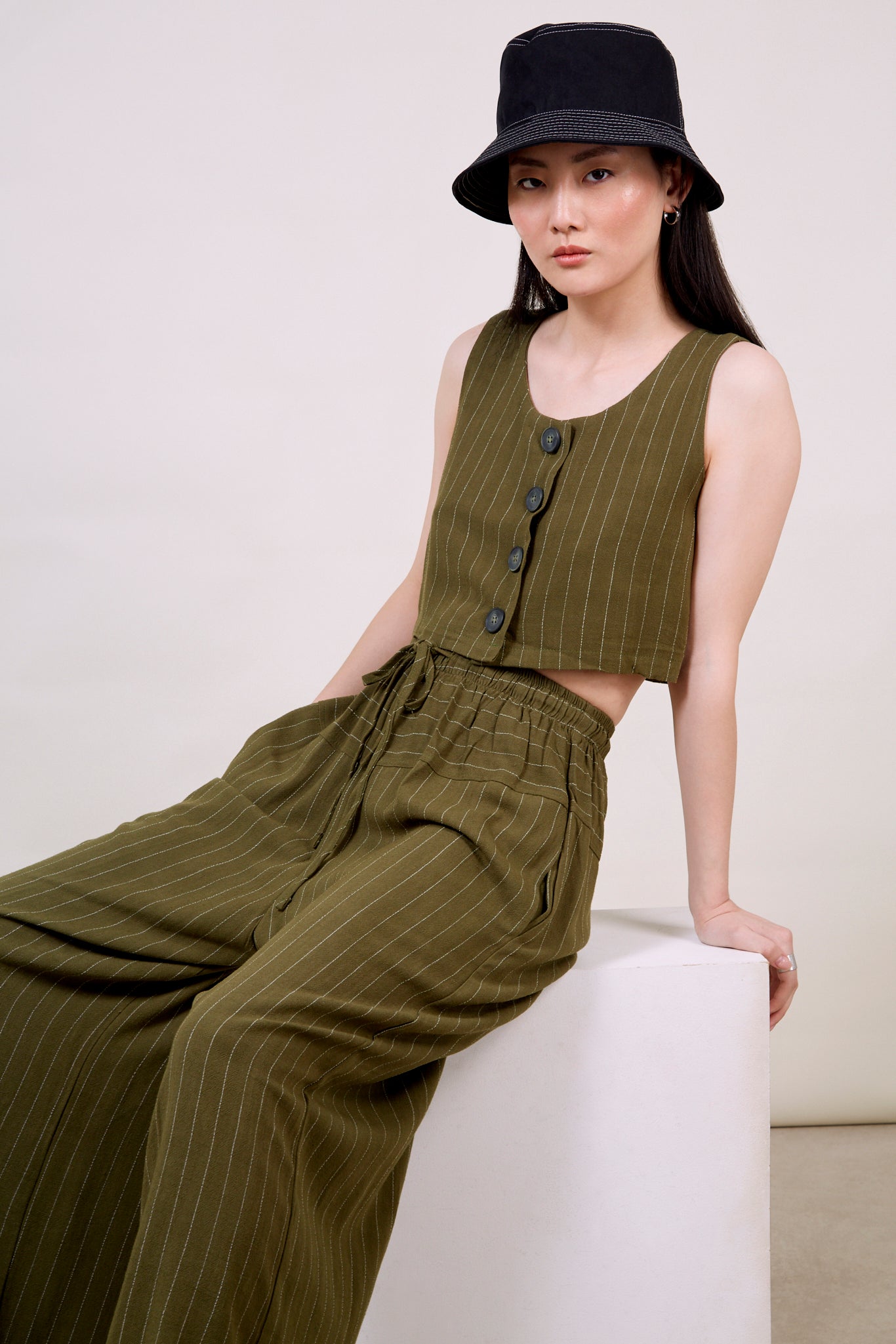 Olive green pinstripe button front tank_1