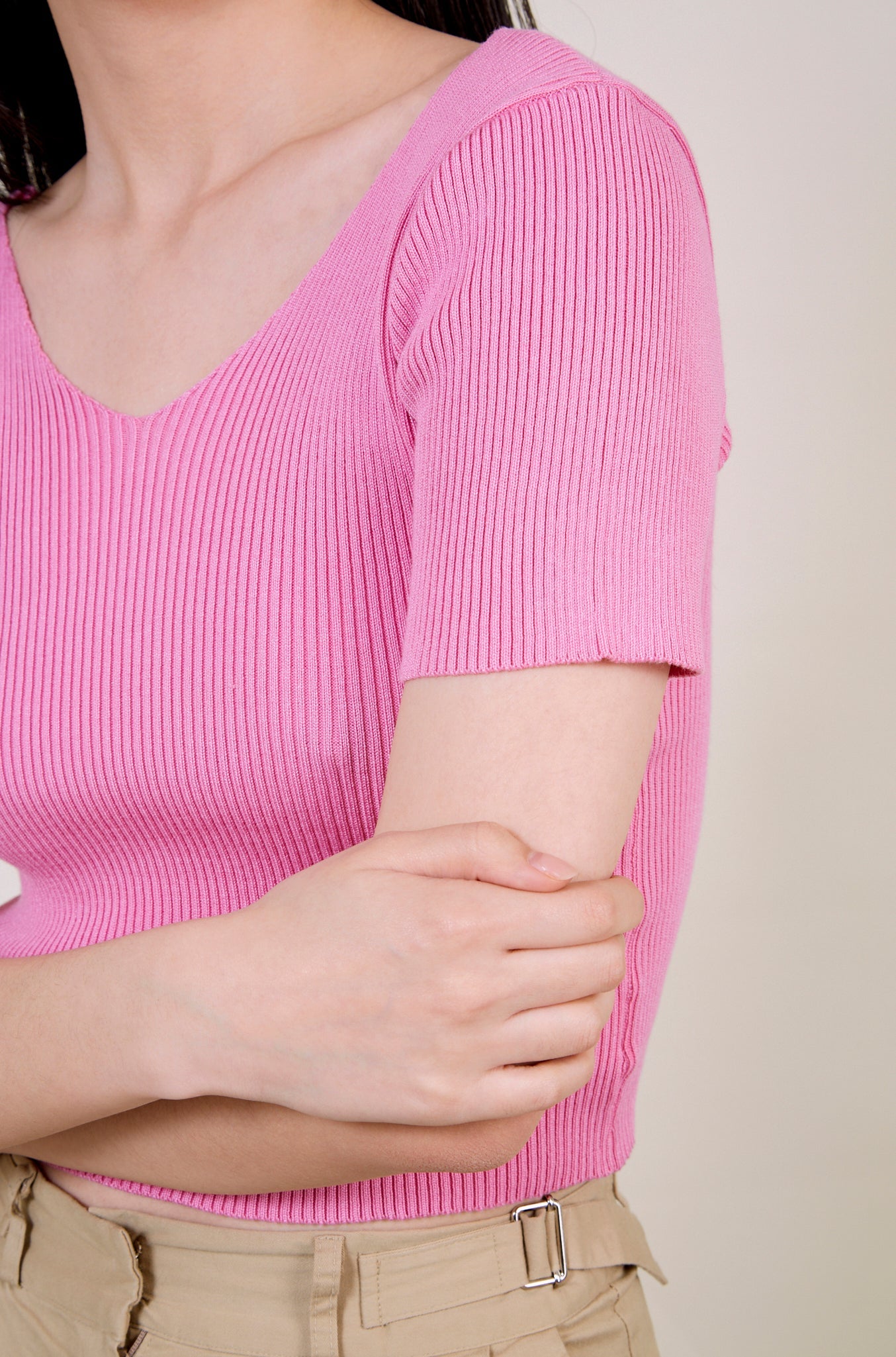 Pink V neck knit tee_5