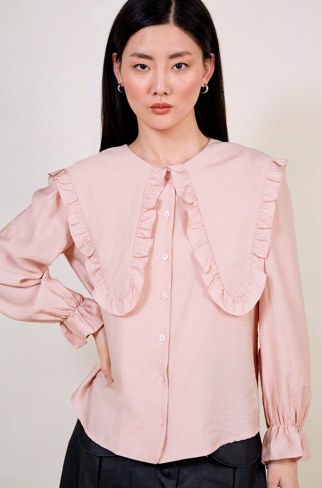 Pink long ruffle trim collar blouse_3