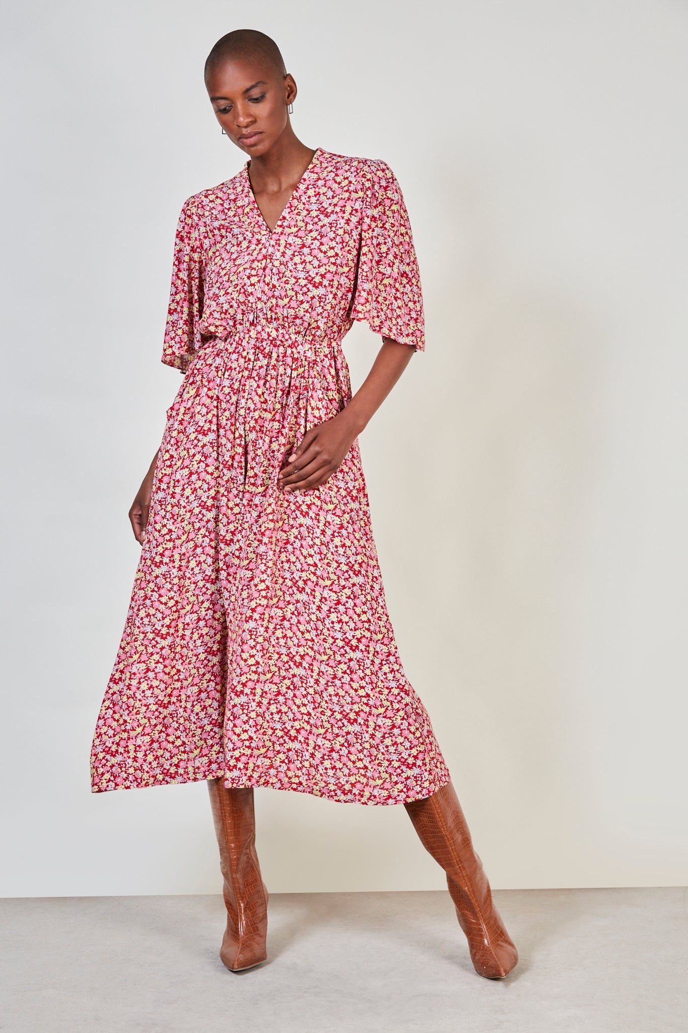 Red and yellow floral print tie back maxi dress_2