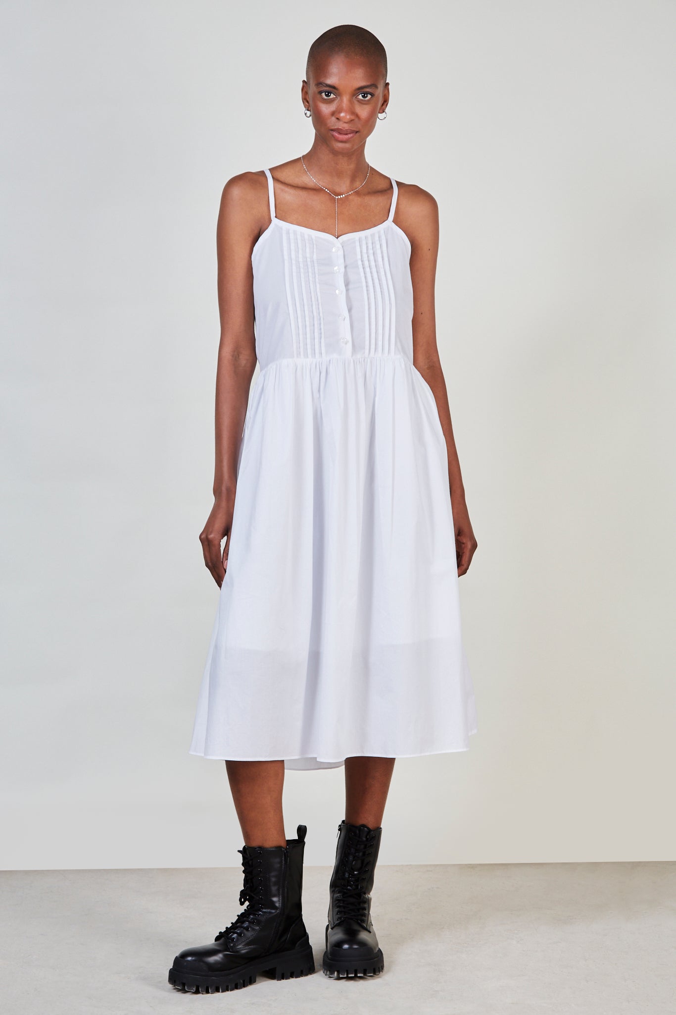 White pleat detail button front tank dress_2