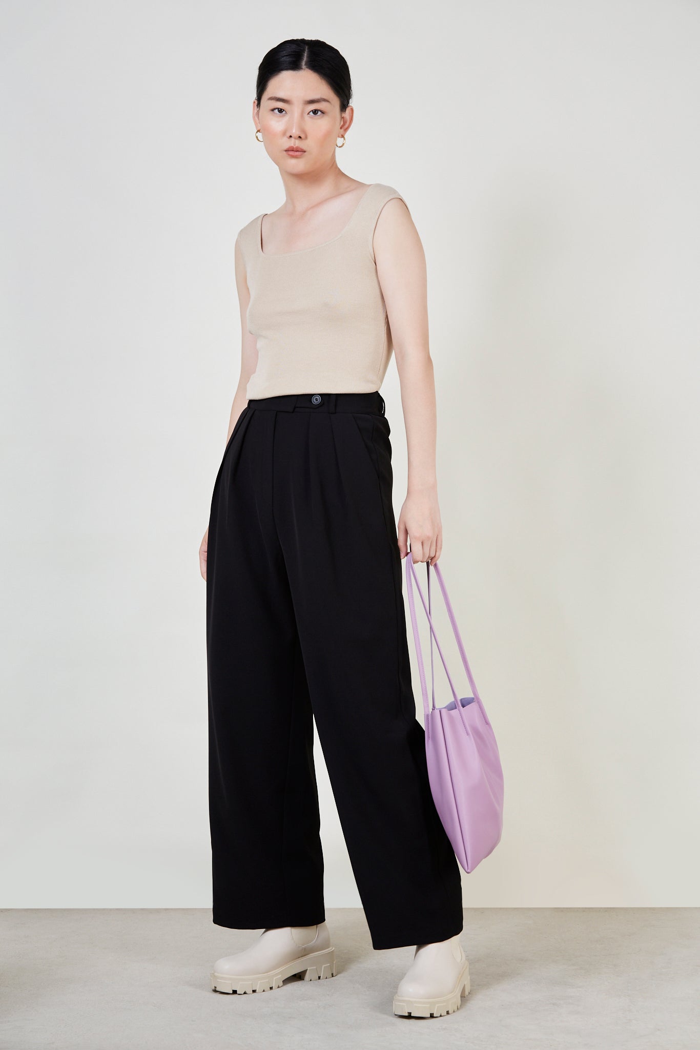 Beige square neck knit tank_3