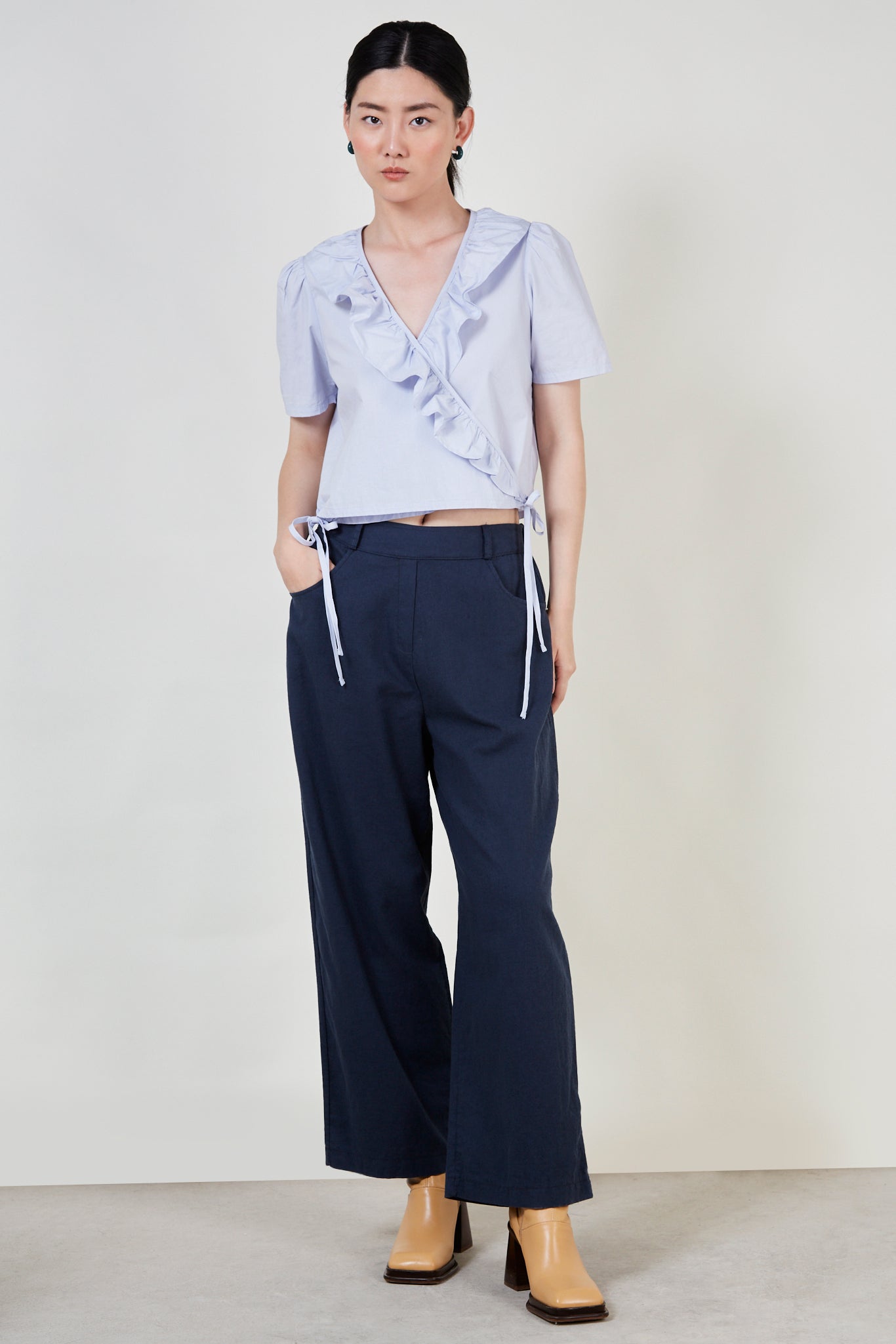 Light blue ruffle trim wrap top_2