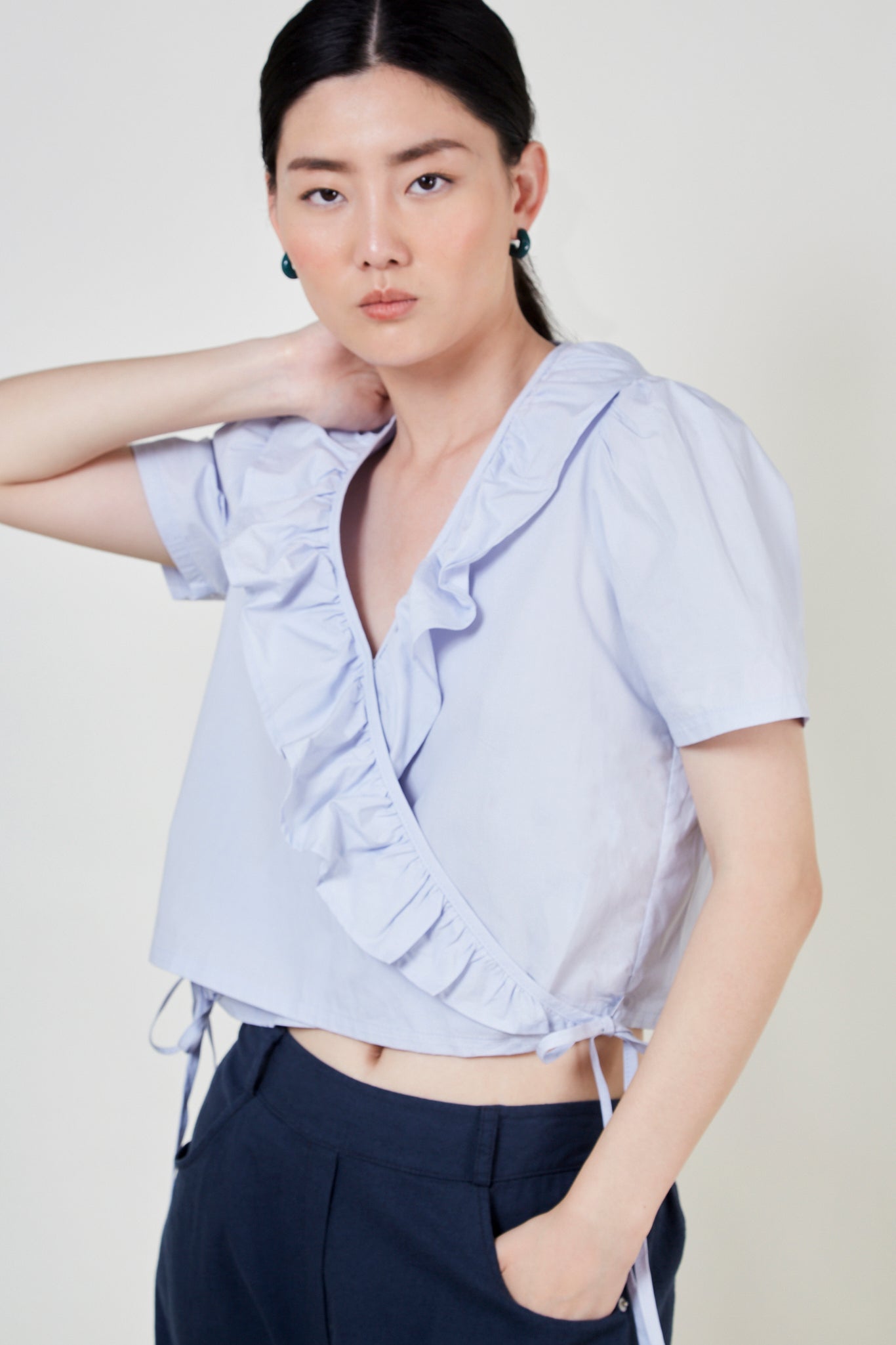 Light blue ruffle trim wrap top_4