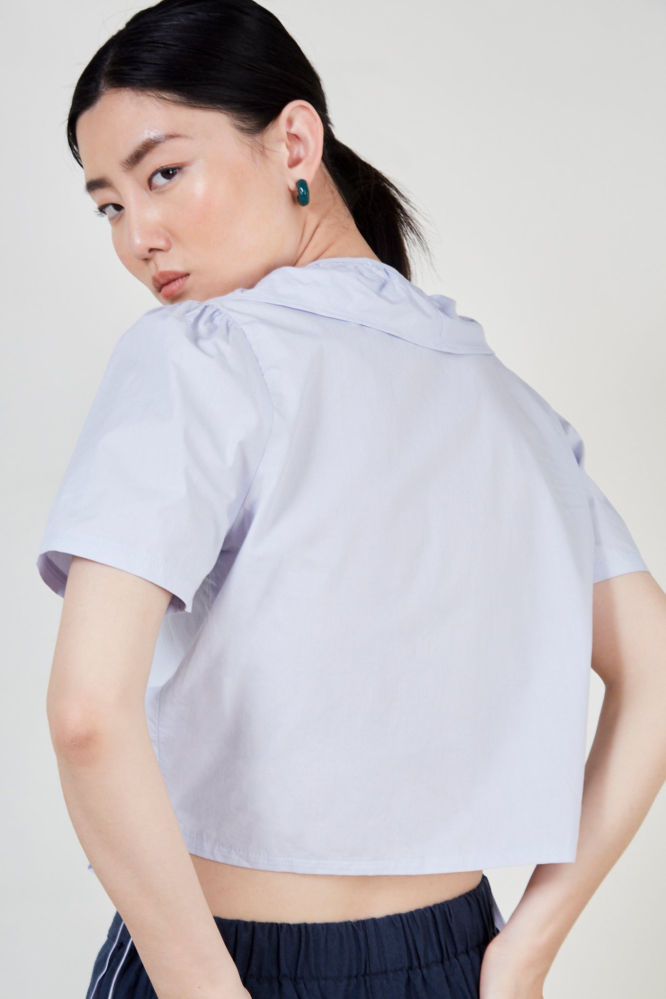 Light blue ruffle trim wrap top_3