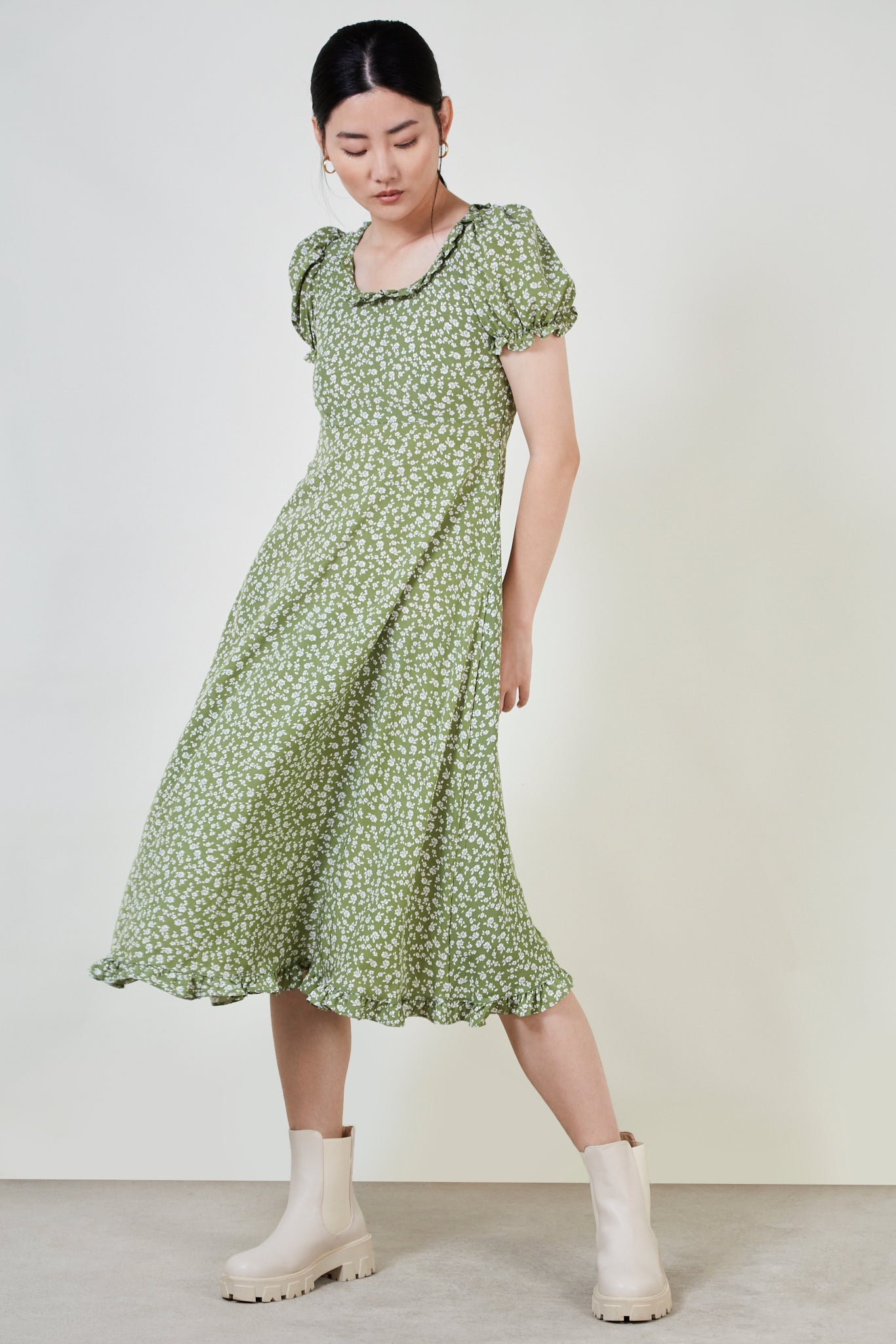 Green floral print lace up back dress_1