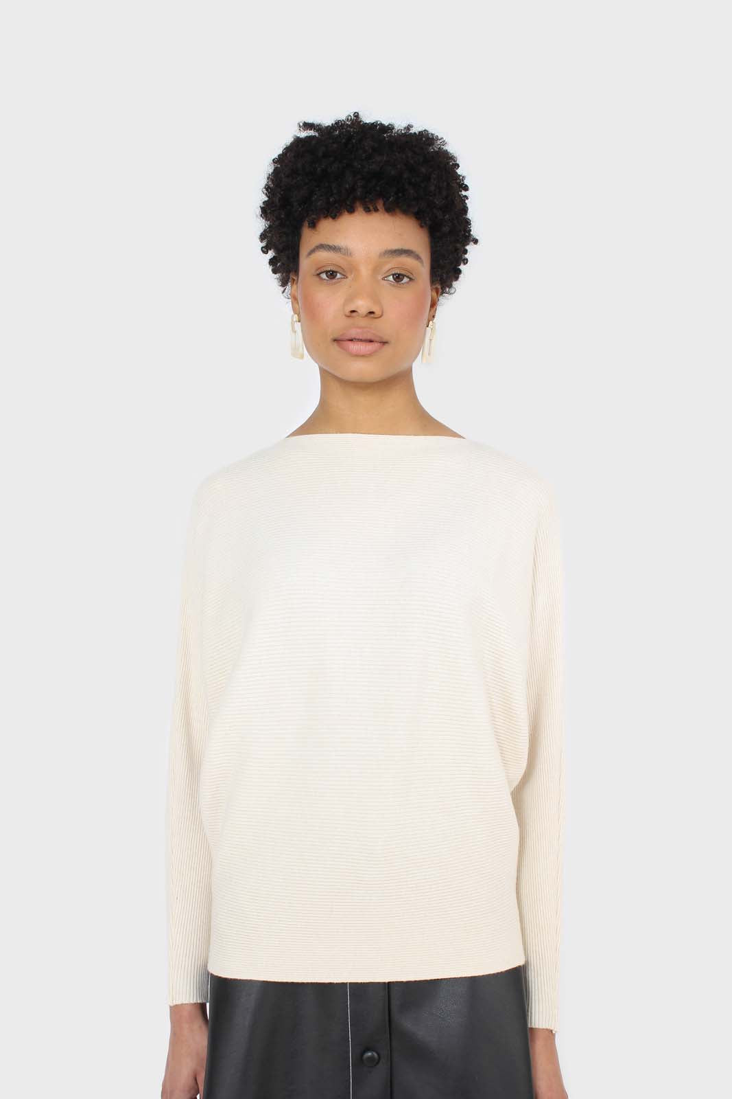 Beige long horizontal rib wide fit jumper_4