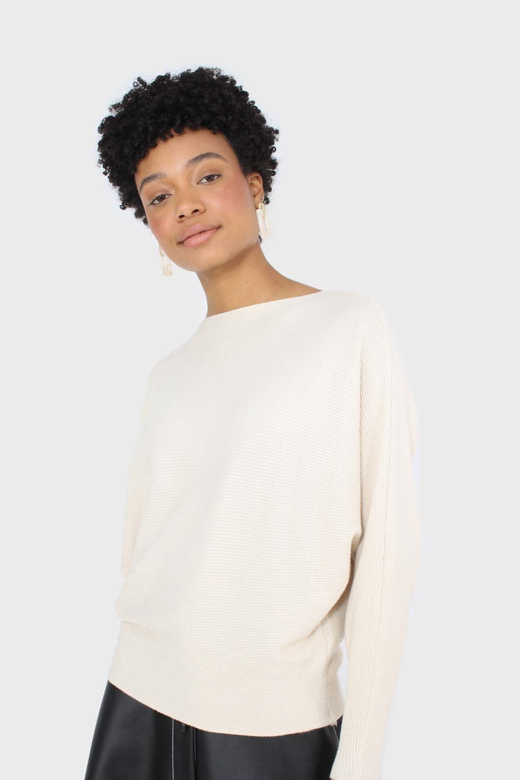 Beige long horizontal rib wide fit jumper_5