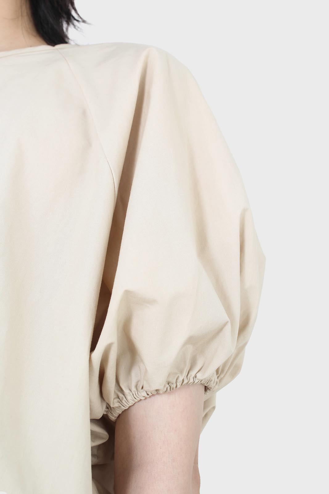 Beige ruched hem puff cropped top_4