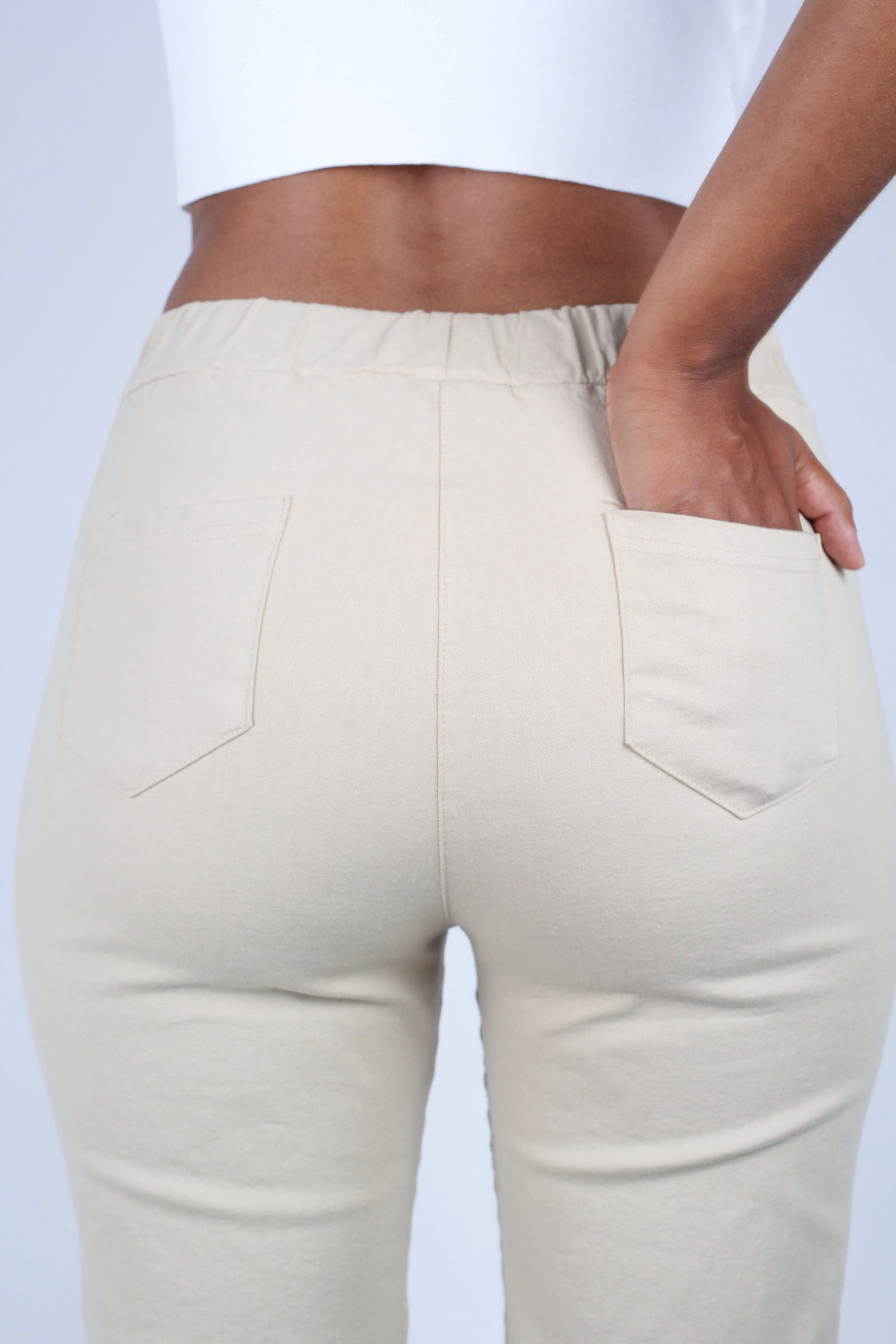 Beige dart front loose fit drawstring trousers_5