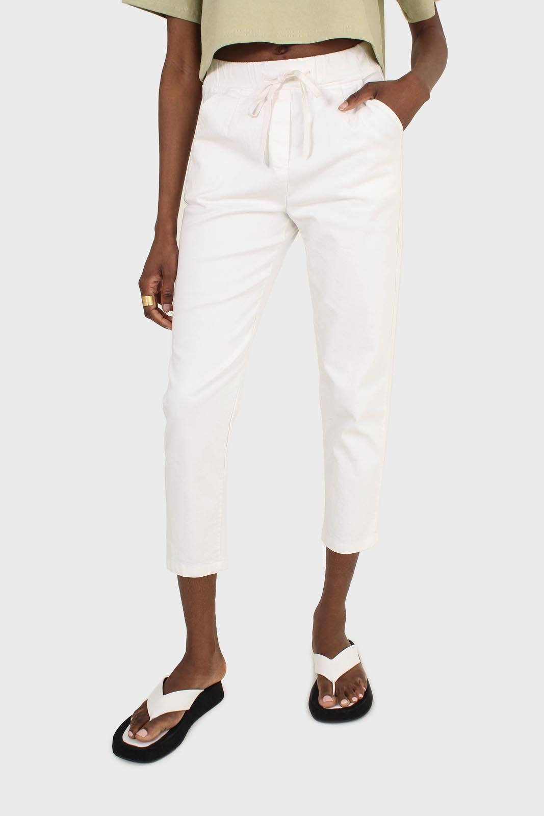 White dart front loose fit drawstring trousers_1