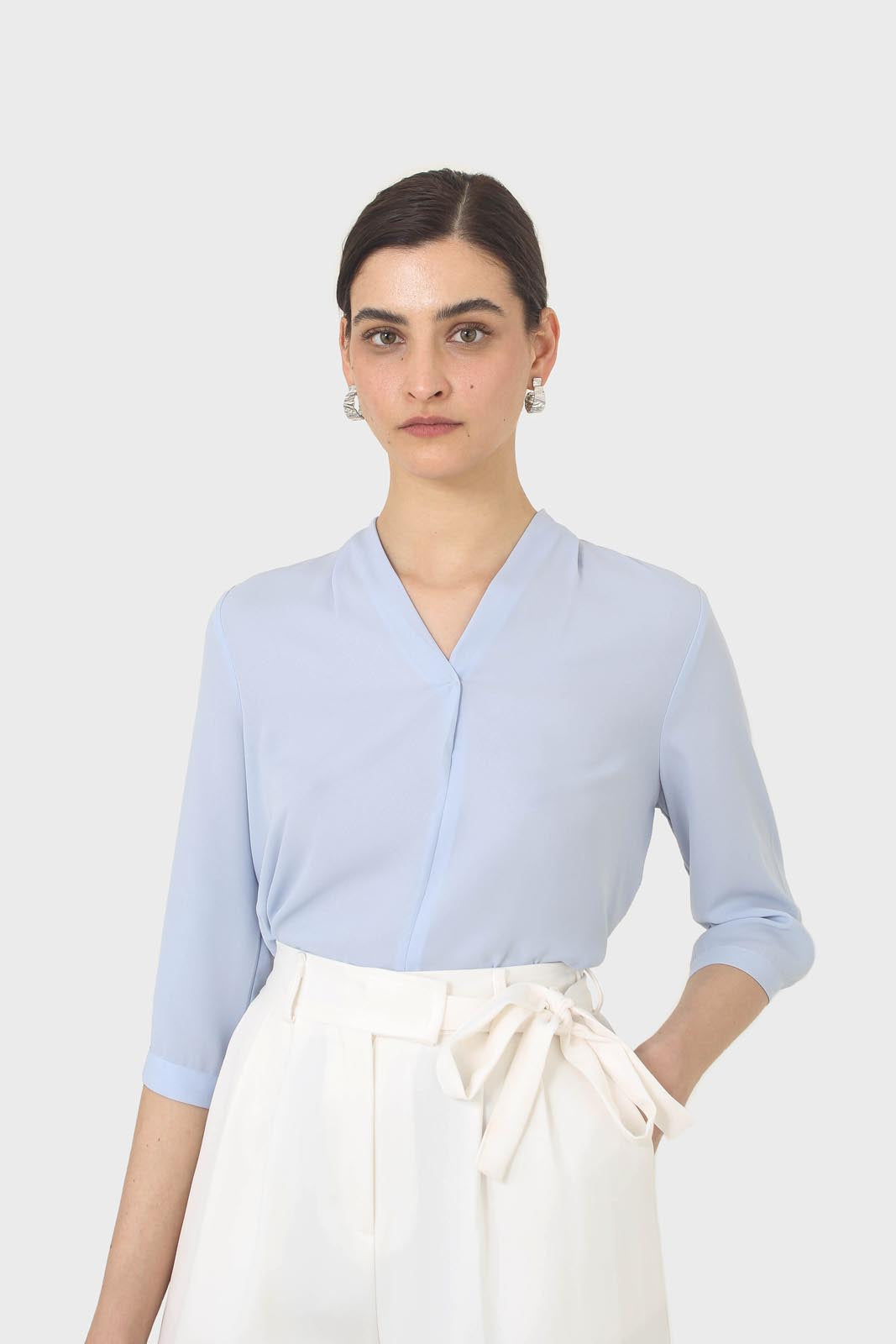 Light blue classic deep V mid sleeve blouse_1