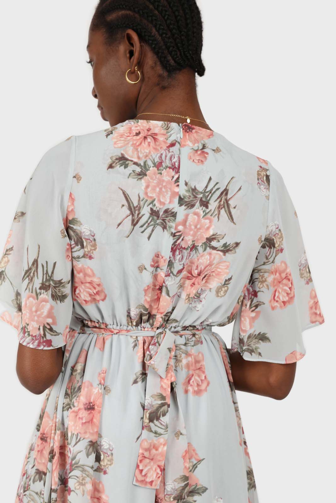 Pale blue and pink floral print layered V dress_6