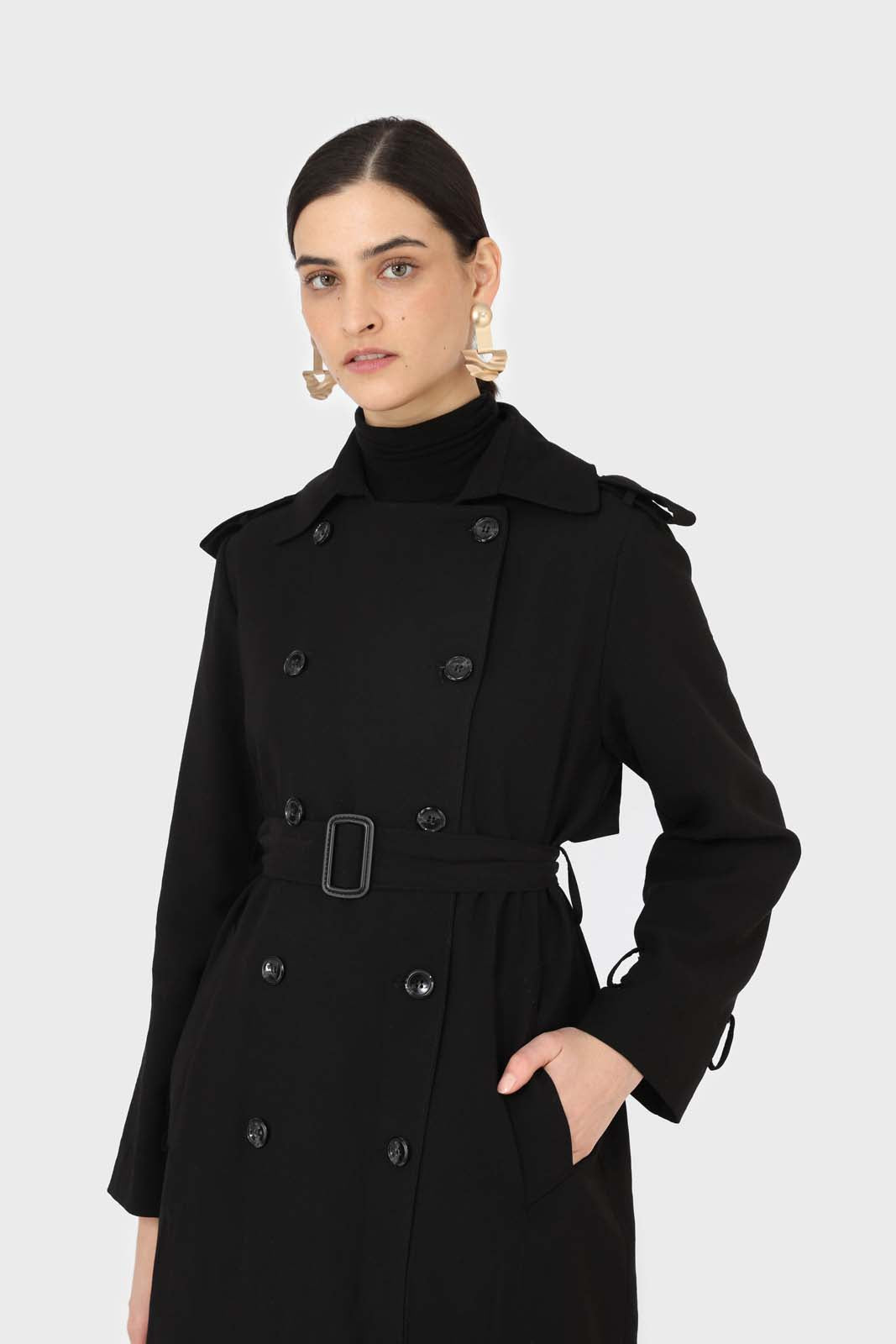 Black soft double breasted belted trench coat_5