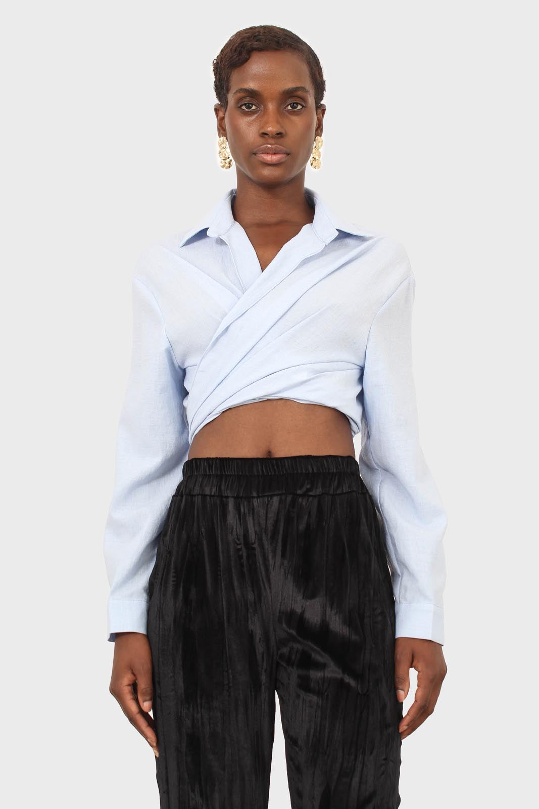 Pale blue linen plunging tie front shirt_3