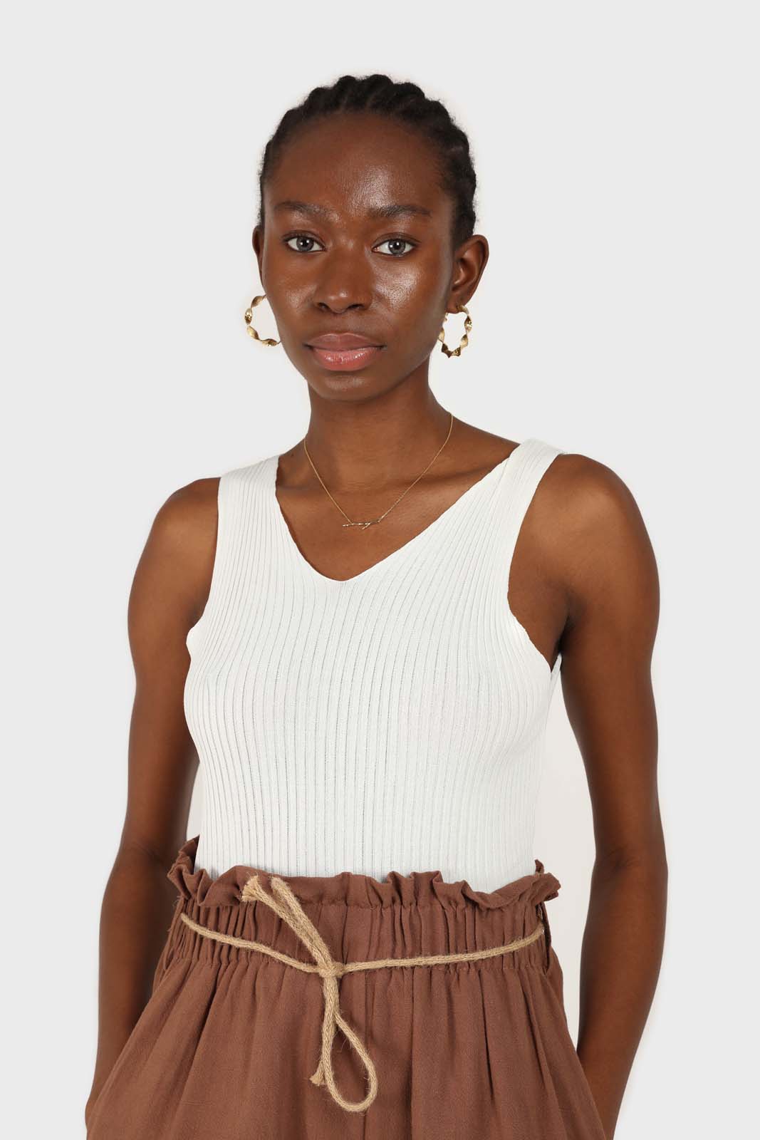 Ivory ribbed double V-neck knit tank_1