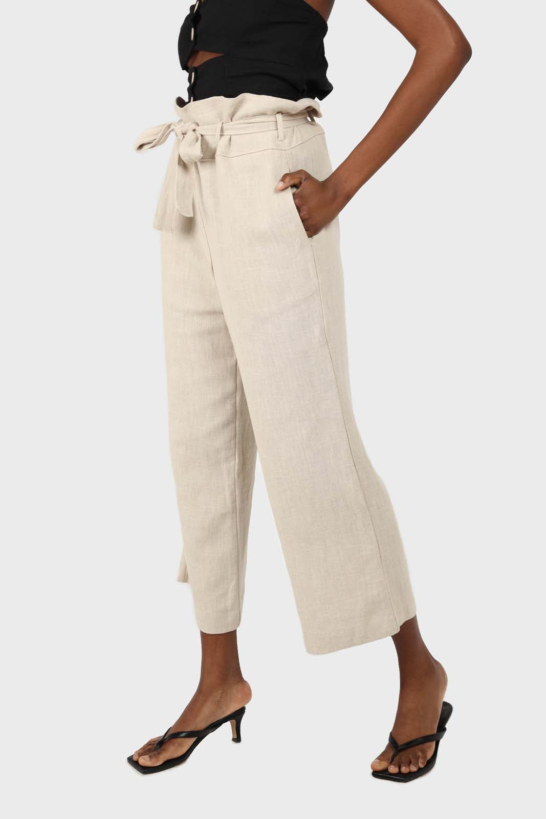 Beige belted wide leg linen trousers_1
