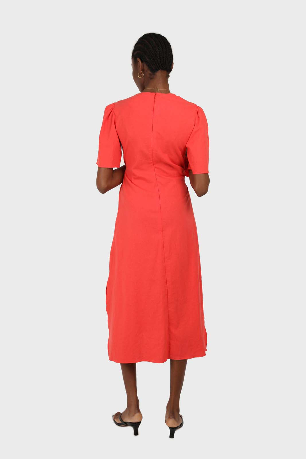 Red tie front short sleeved linen dress_2