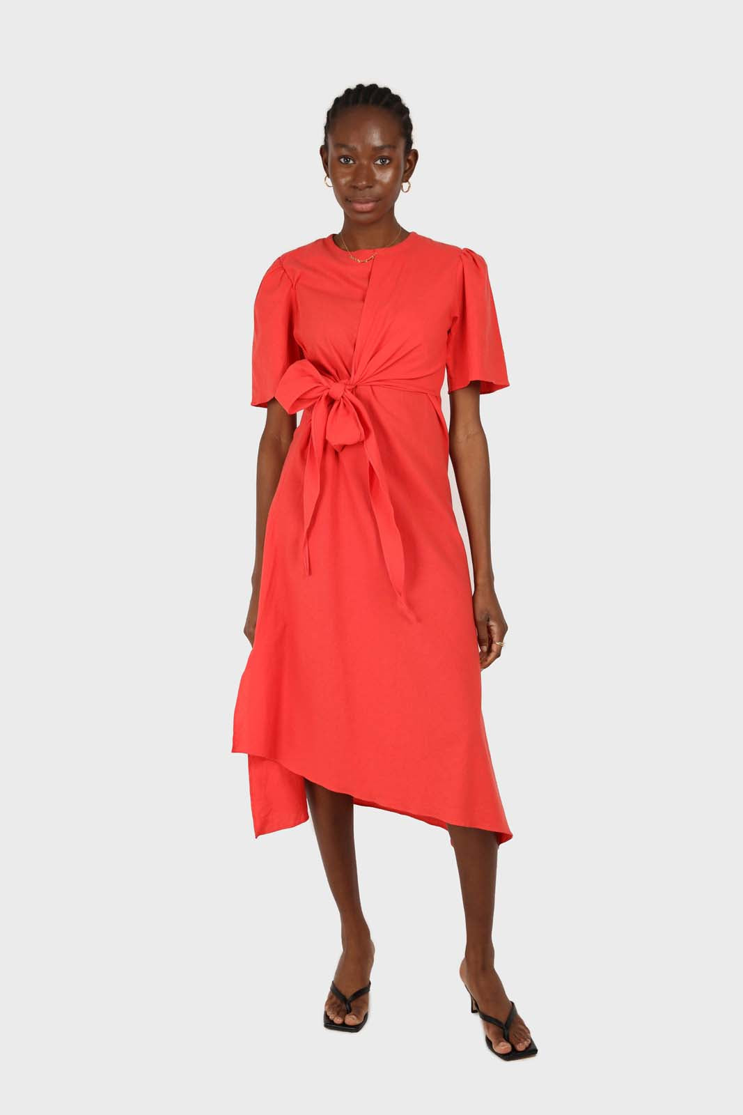 Red tie front short sleeved linen dress_1